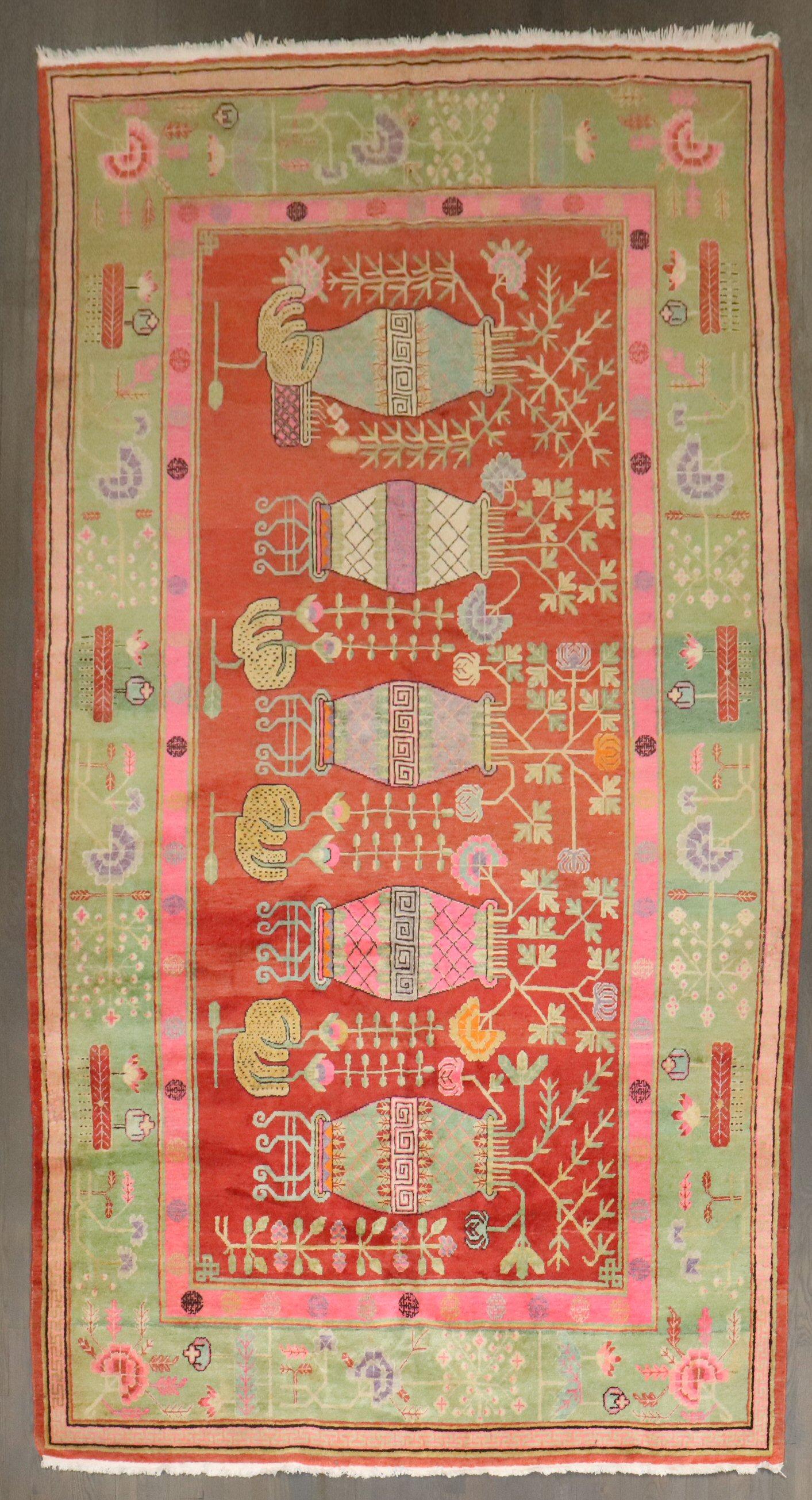 Zabihi Collection Bright Pink Green  Samarkand Khotan Rug In Good Condition For Sale In New York, NY