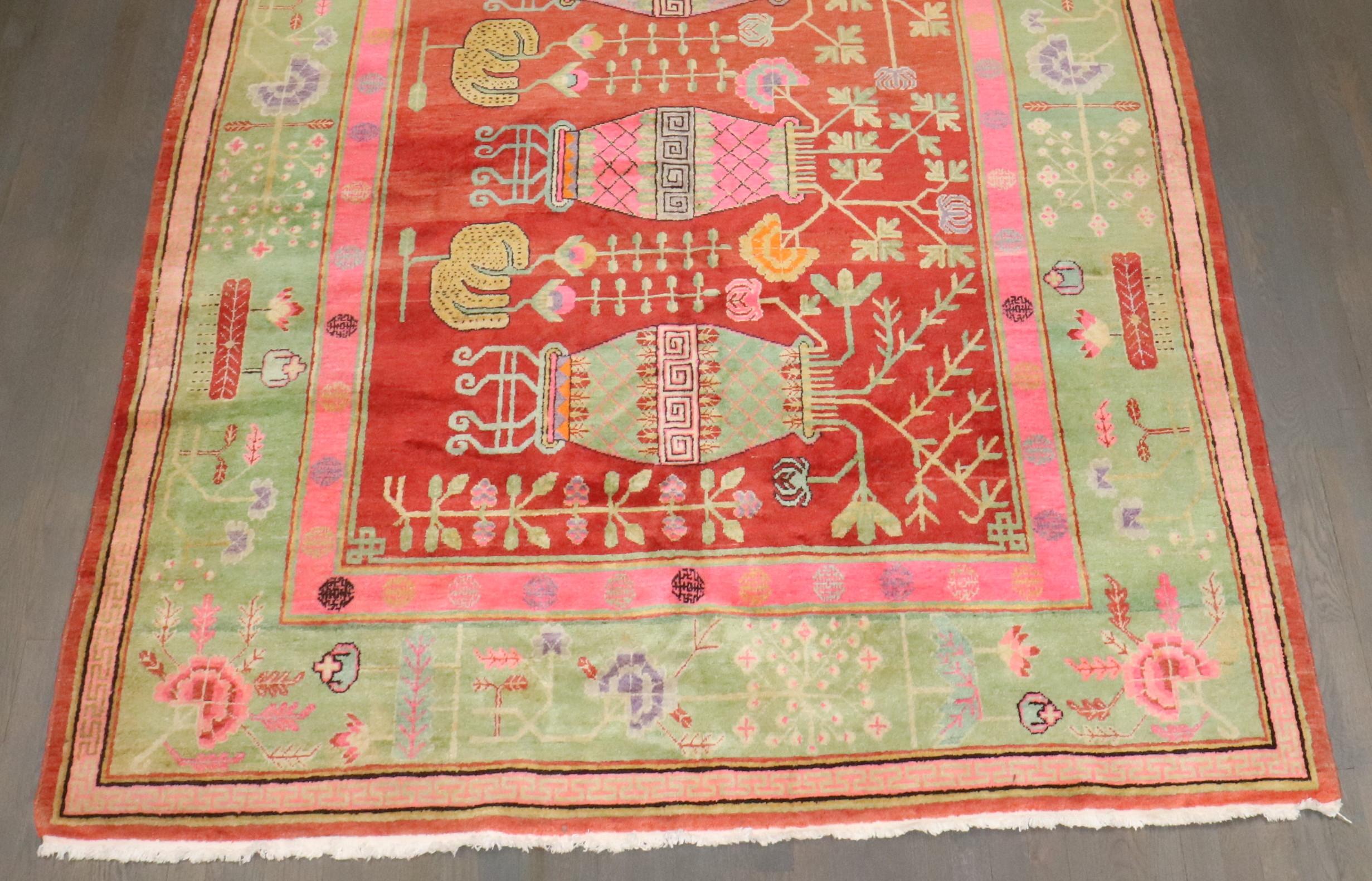 20th Century Zabihi Collection Bright Pink Green  Samarkand Khotan Rug For Sale