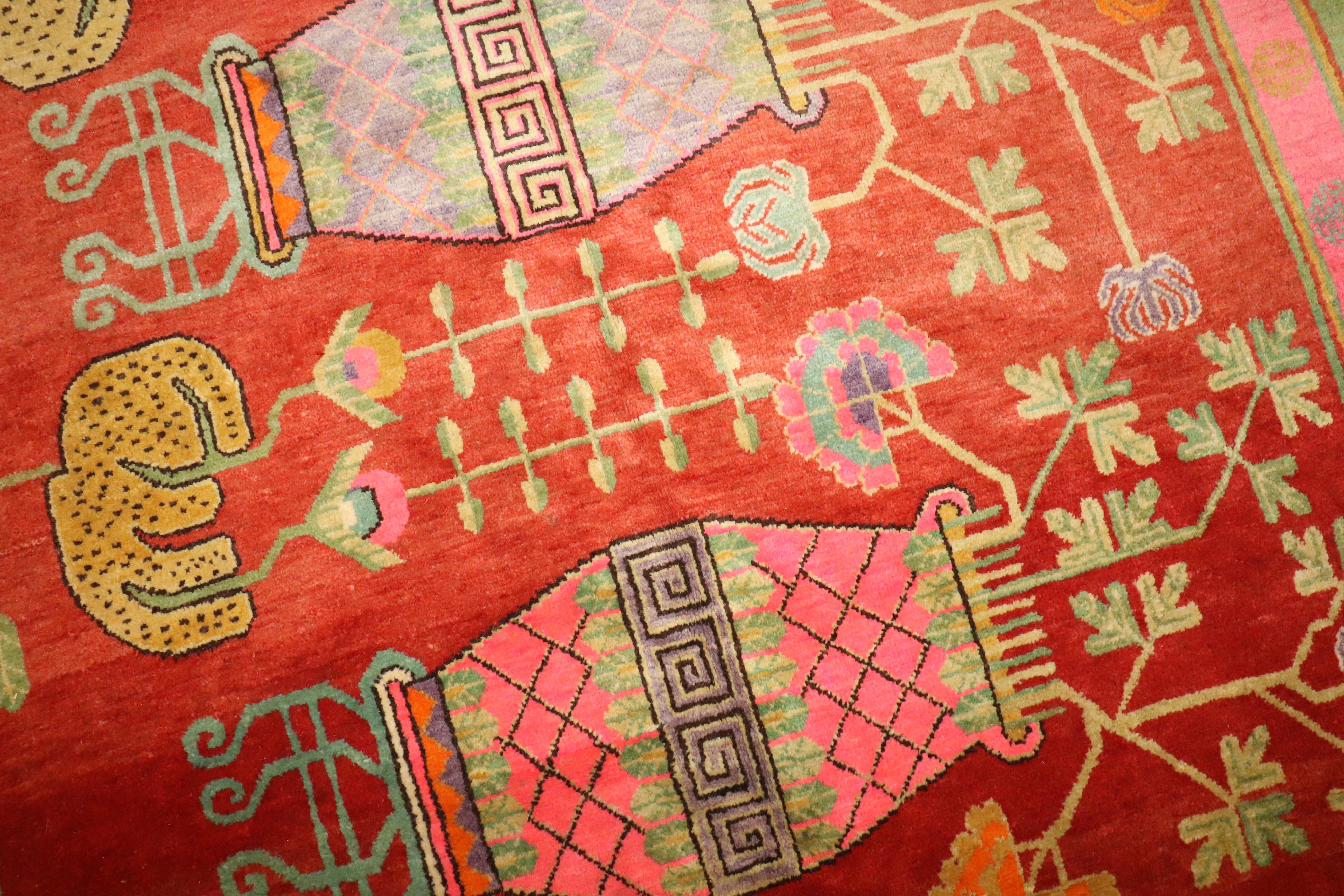 Wool Zabihi Collection Bright Pink Green  Samarkand Khotan Rug For Sale