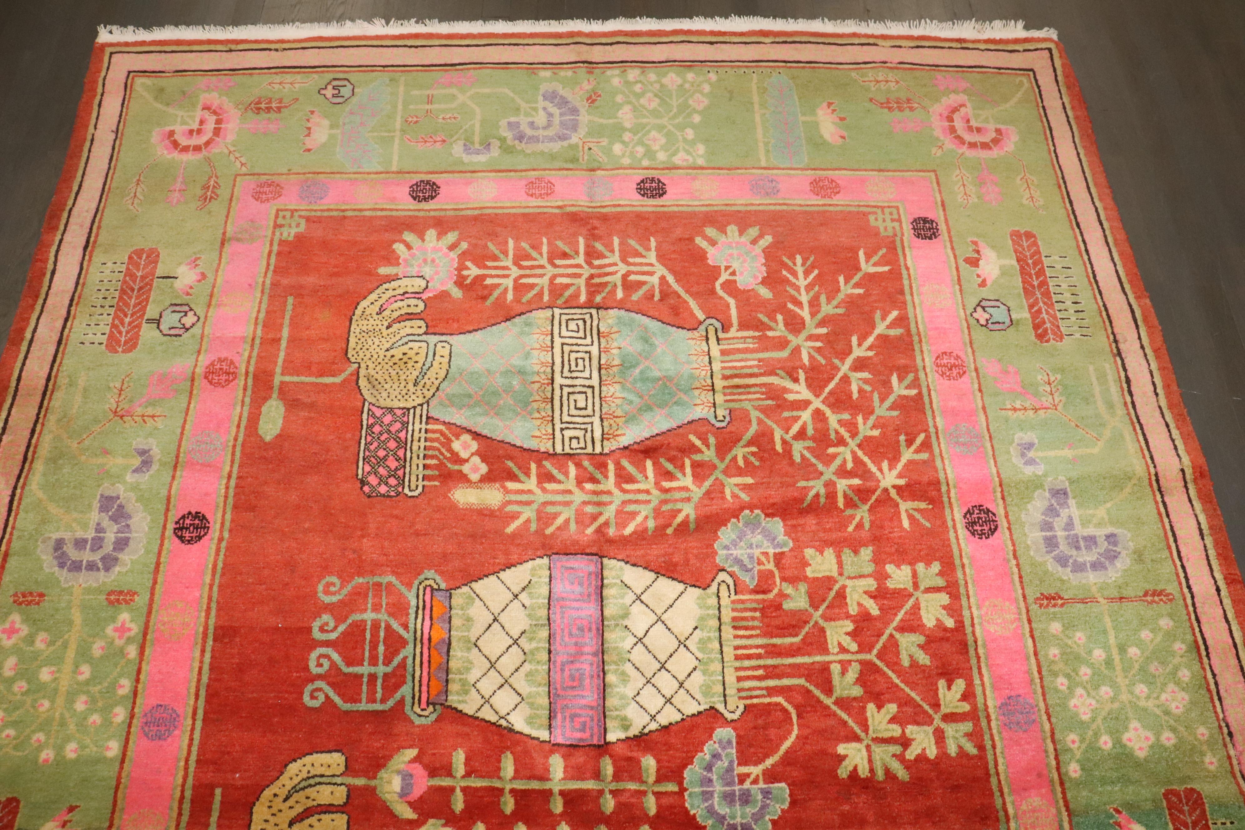 Zabihi Collection Bright Pink Green  Samarkand Khotan Rug For Sale 1