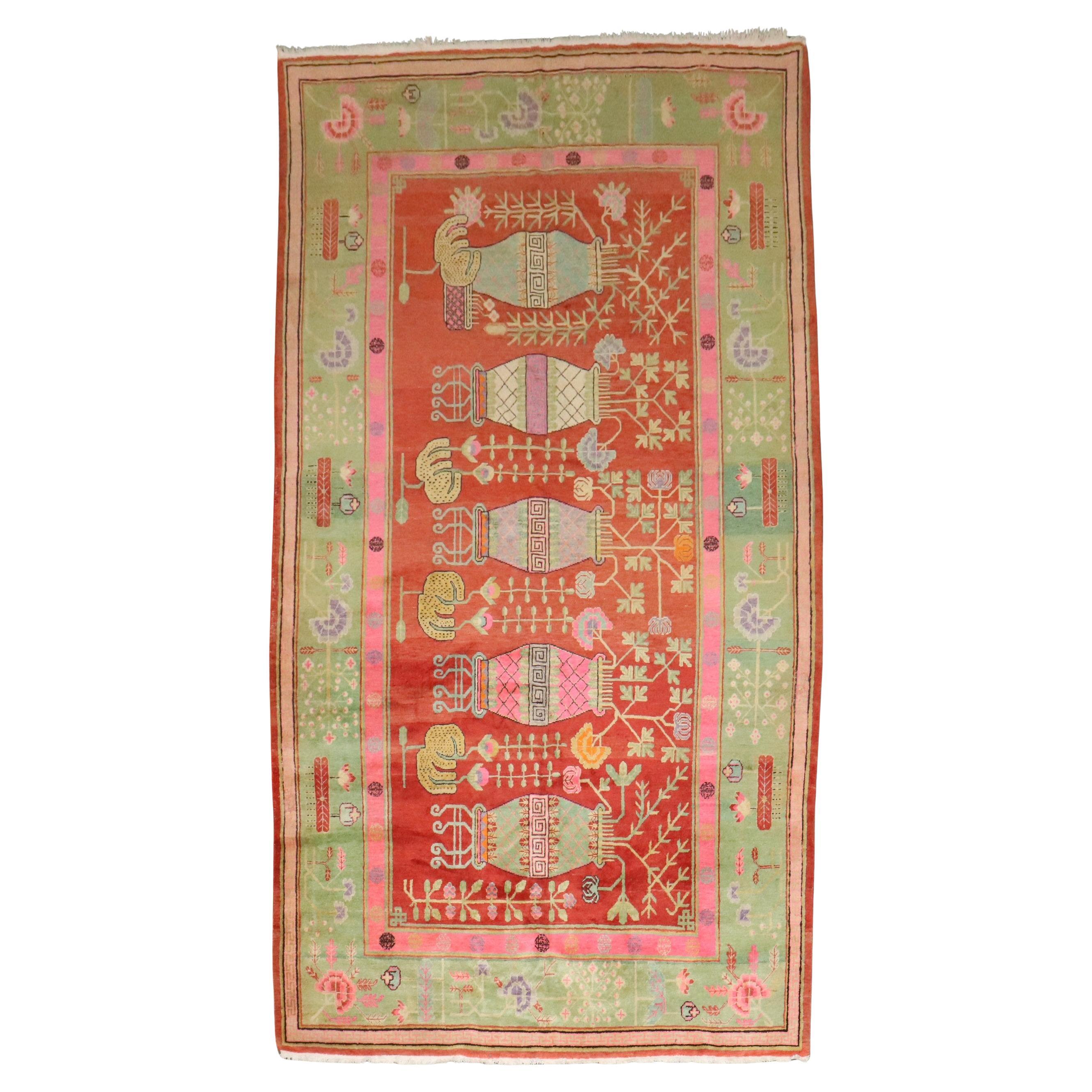 Zabihi Collection Bright Pink Green  Samarkand Khotan Rug For Sale