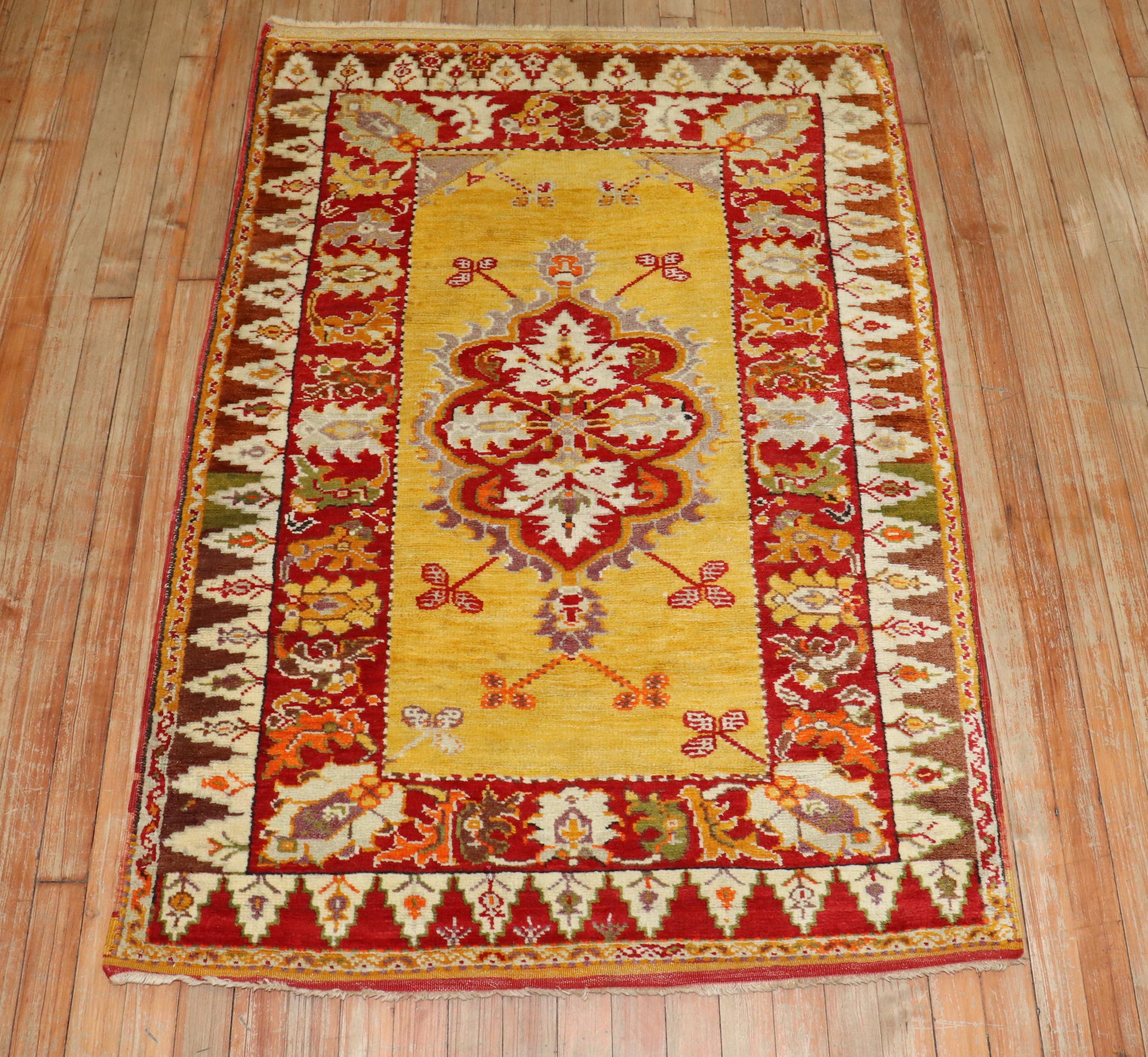 Hand-Knotted Zabihi Collection Bright Yellow Turkish Melas Rug For Sale