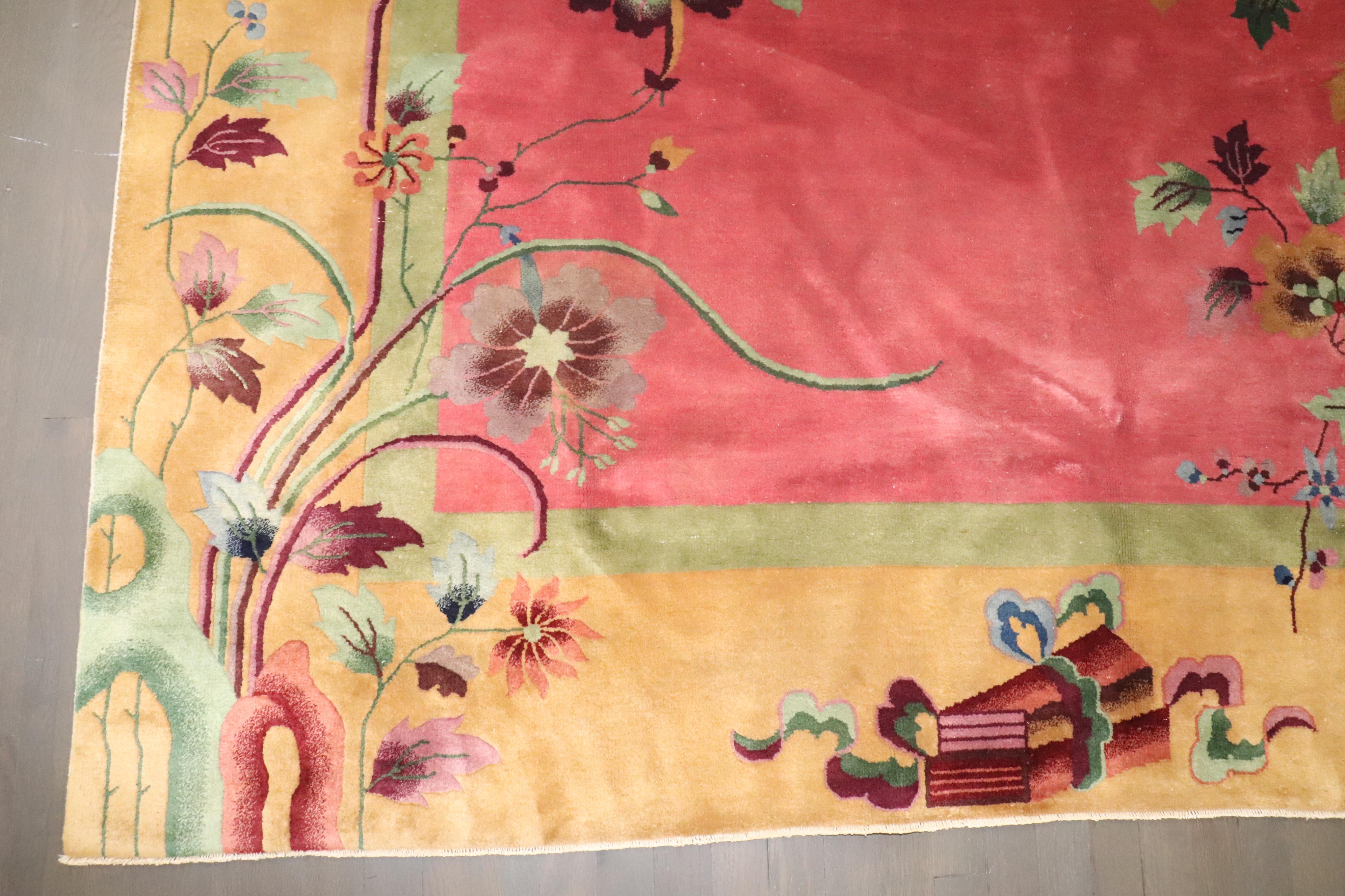 Zabihi Kollektion Rosa antiker chinesischer Art déco-Teppich im Art déco-Stil (Chinese Chippendale) im Angebot