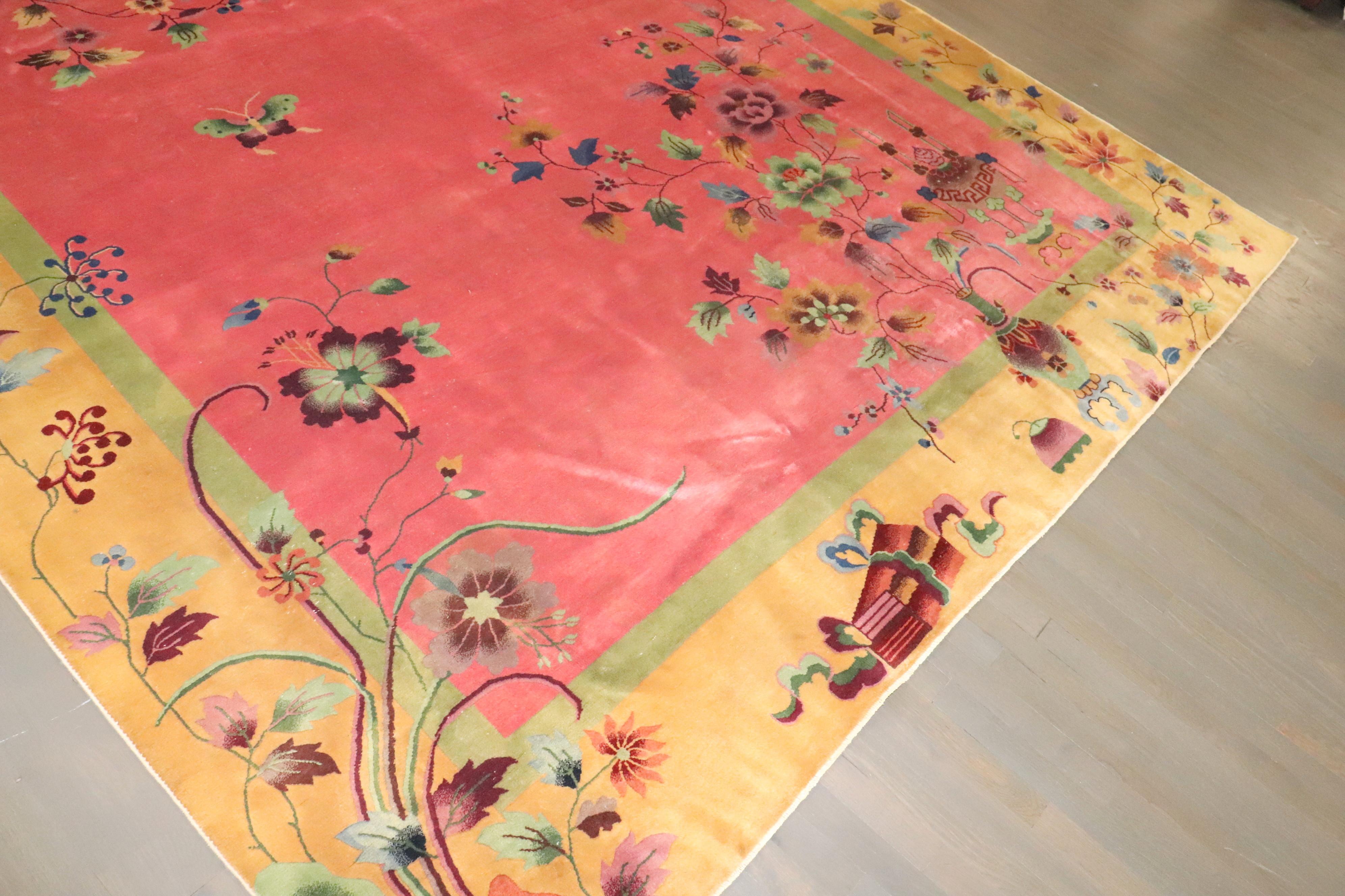 Zabihi Kollektion Rosa antiker chinesischer Art déco-Teppich im Art déco-Stil (Chinesisch) im Angebot
