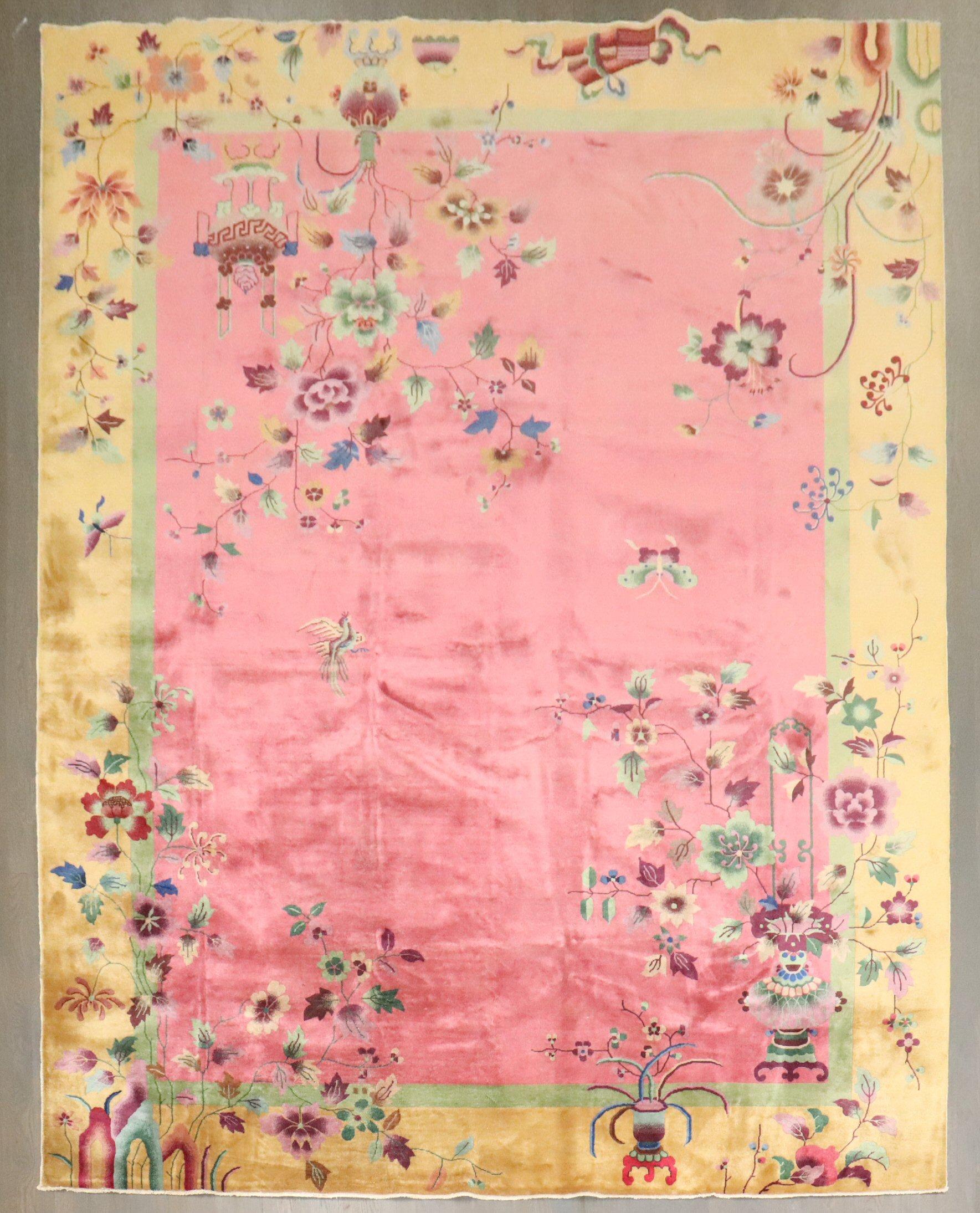 Zabihi Kollektion Rosa antiker chinesischer Art déco-Teppich im Art déco-Stil (Handgeknüpft) im Angebot