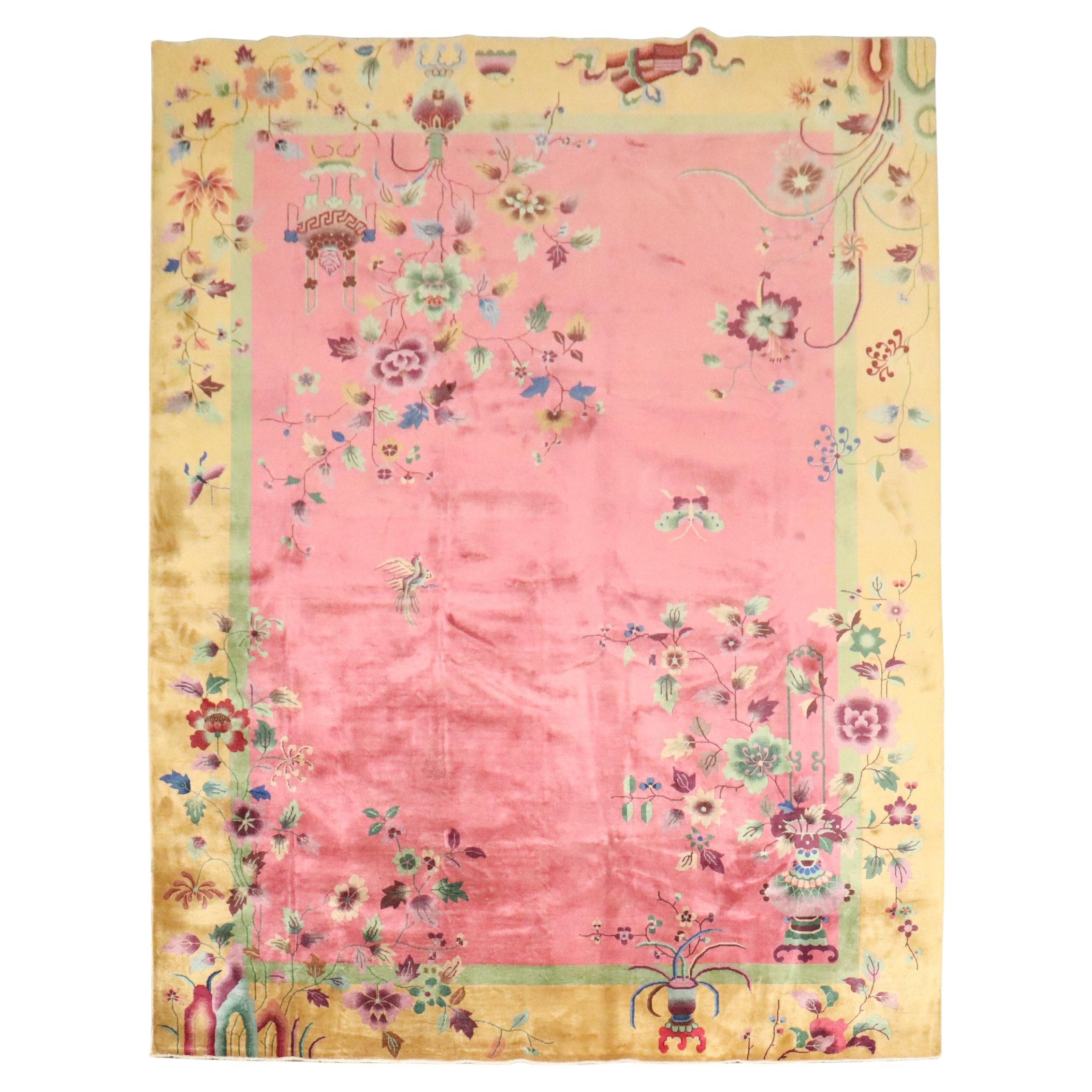 Zabihi Collection Bring Pink Antique Chinese Art Deco Carpet
