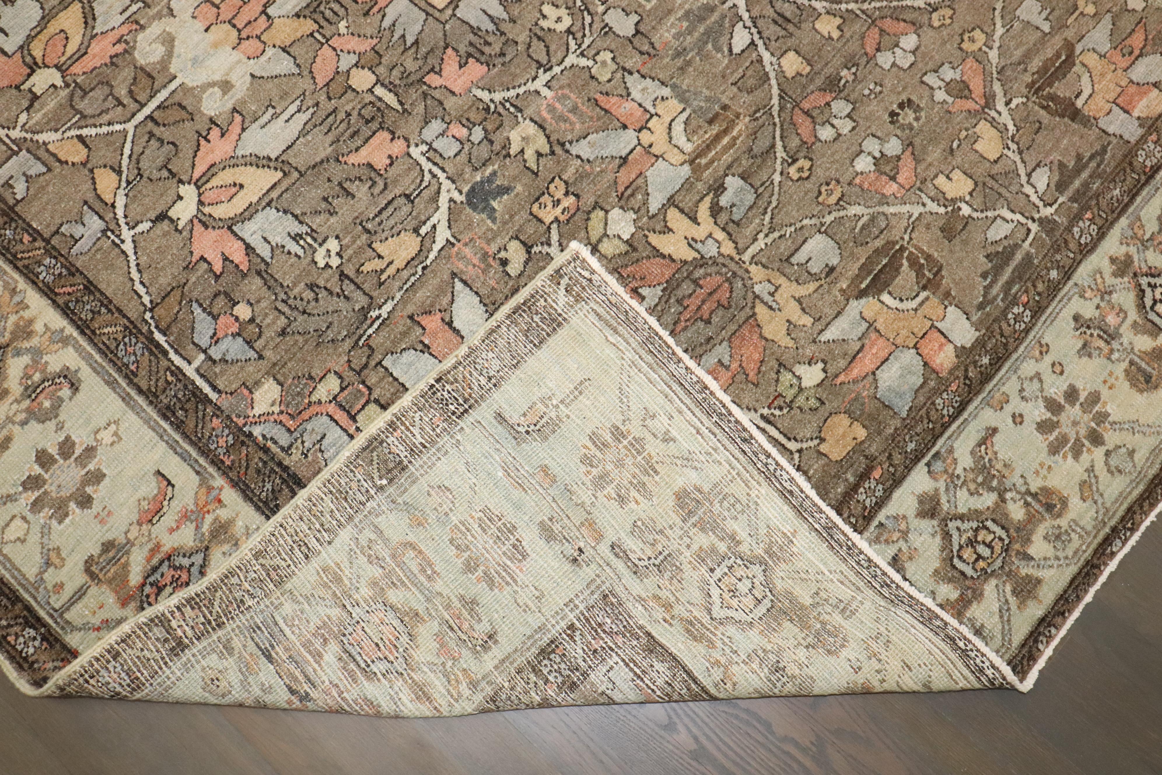 Hand-Knotted Zabihi Collection Brown Antique Persian Heriz Carpet For Sale