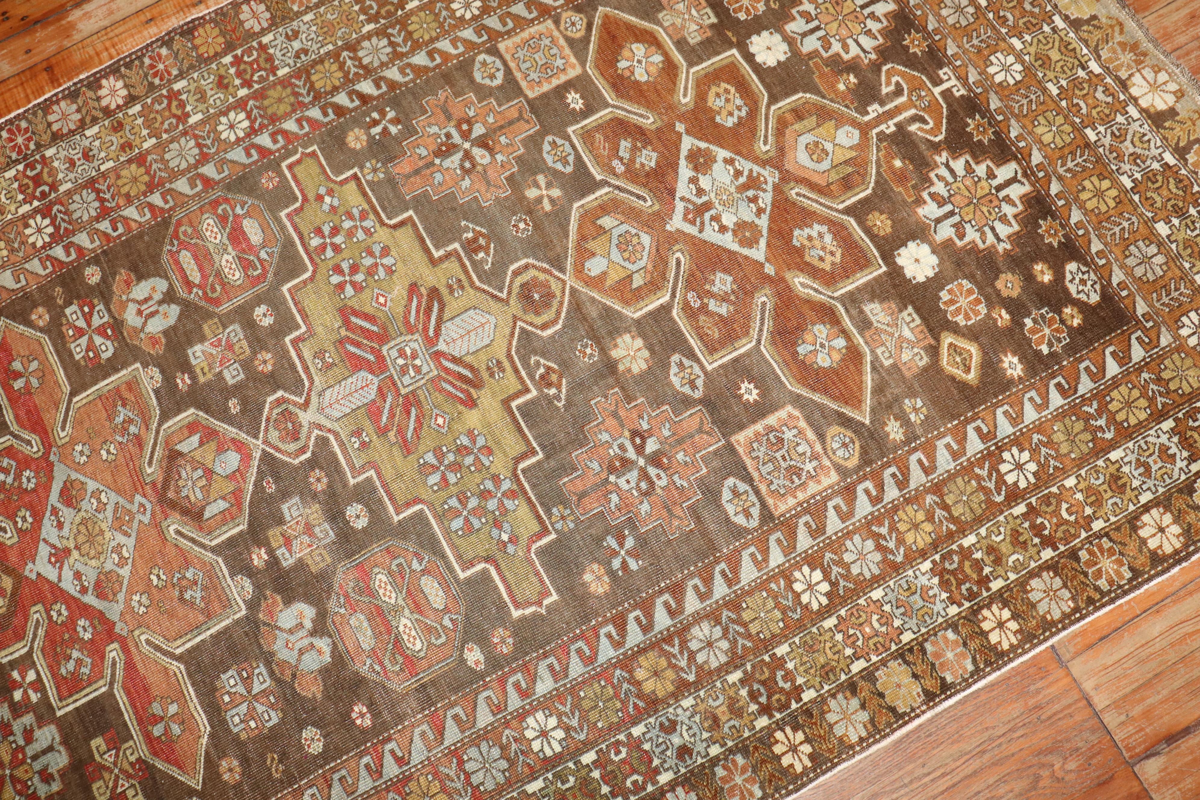 20th Century Zabihi Collection Brown Decorative Caucasian Accent Size Rug For Sale