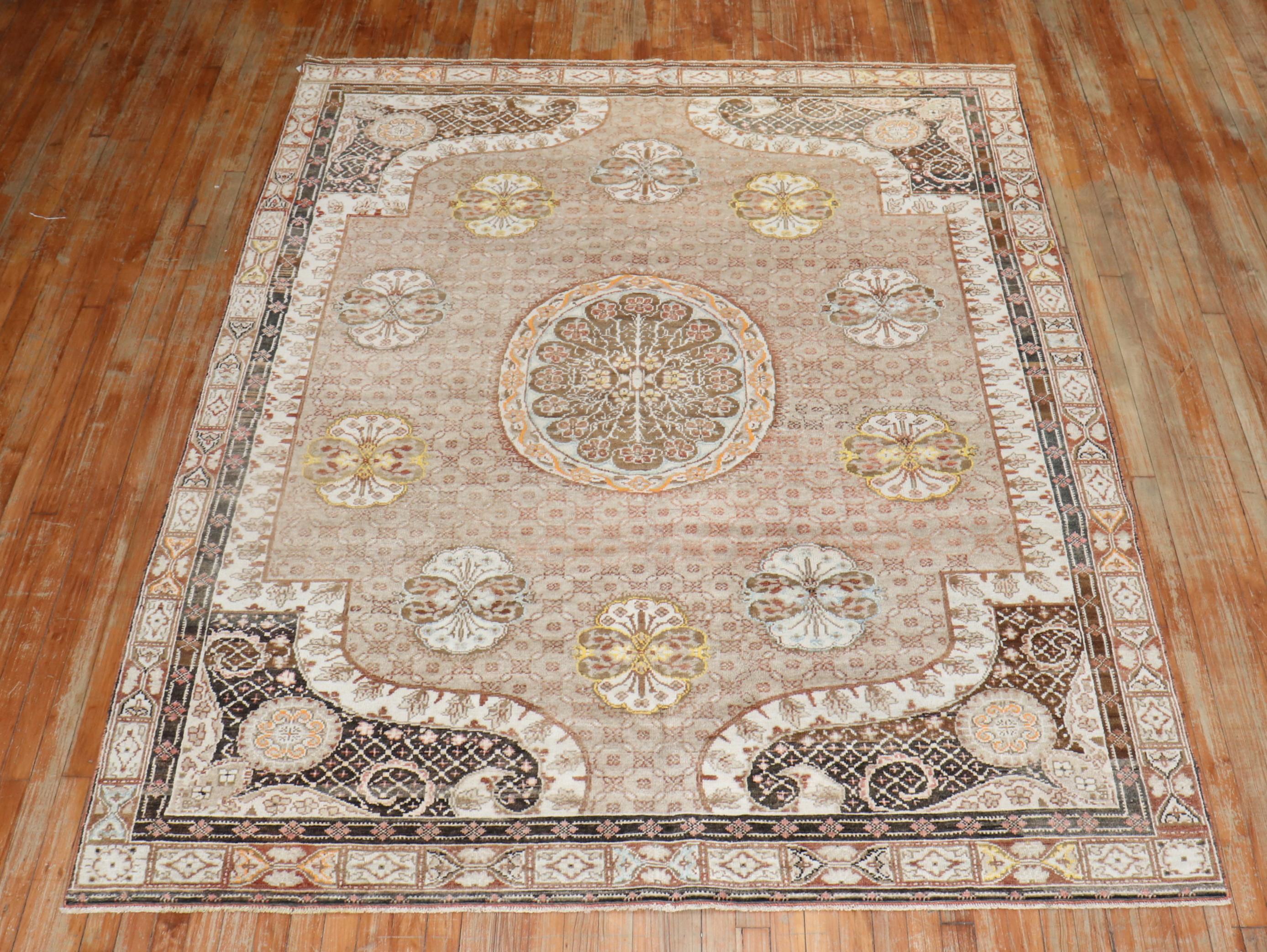Zabihi Collection Brown Floral Turkish Intermediate Square Rug For Sale 1