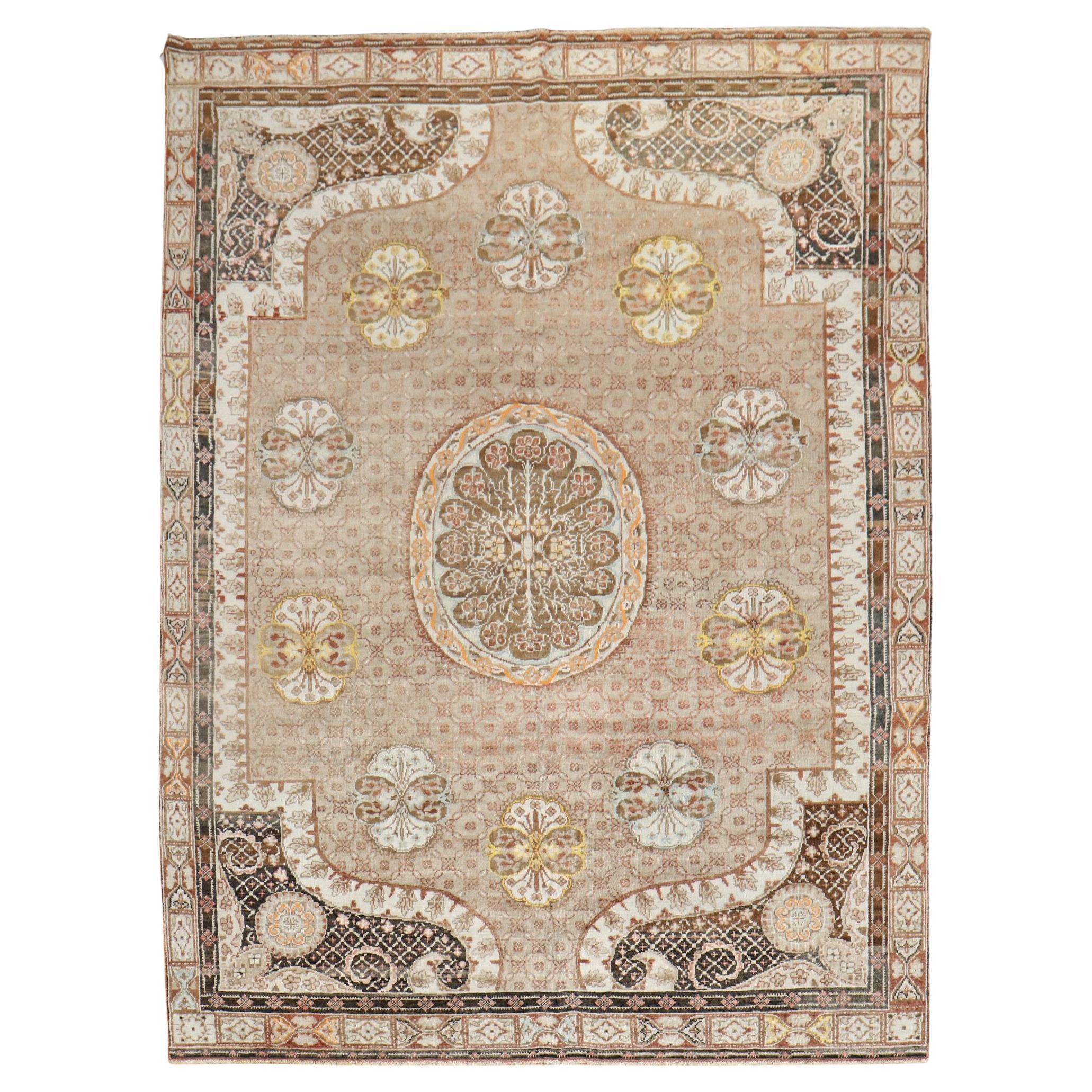 Zabihi Collection Brown Floral Turkish Intermediate Square Rug For Sale