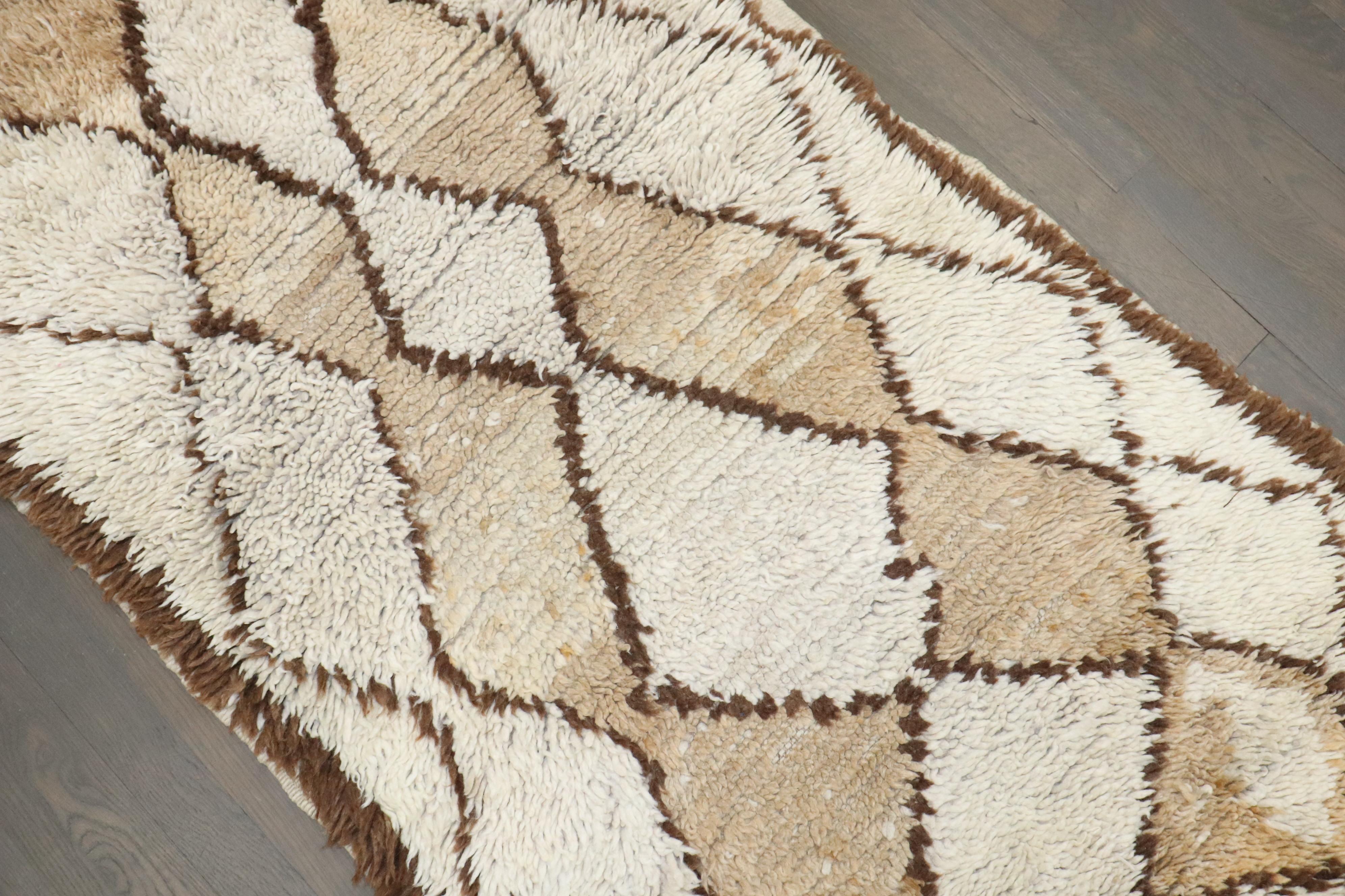 Hand-Woven Zabihi Collection Brown Ivory Small Moroccan Plush Rug For Sale