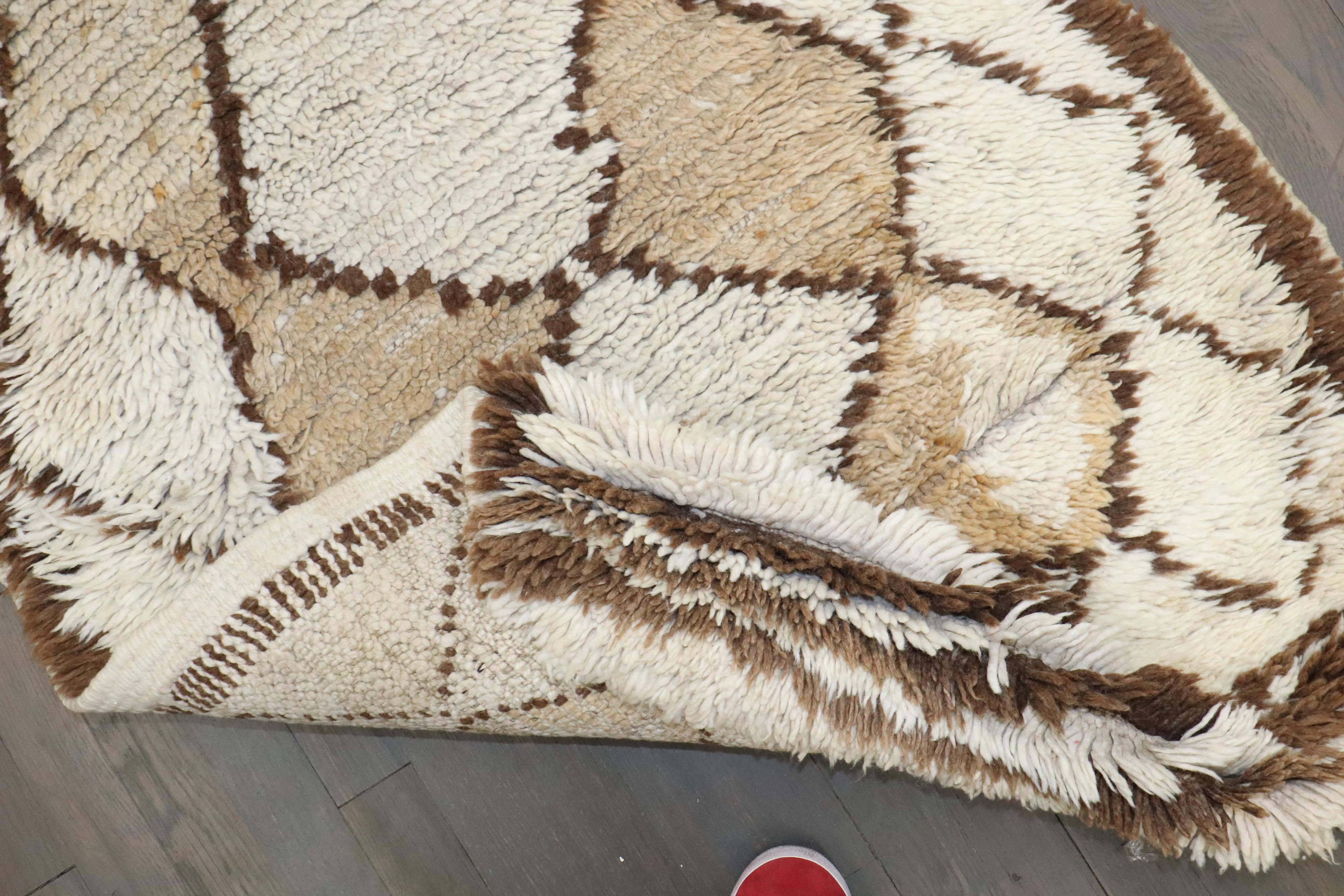 Wool Zabihi Collection Brown Ivory Small Moroccan Plush Rug For Sale