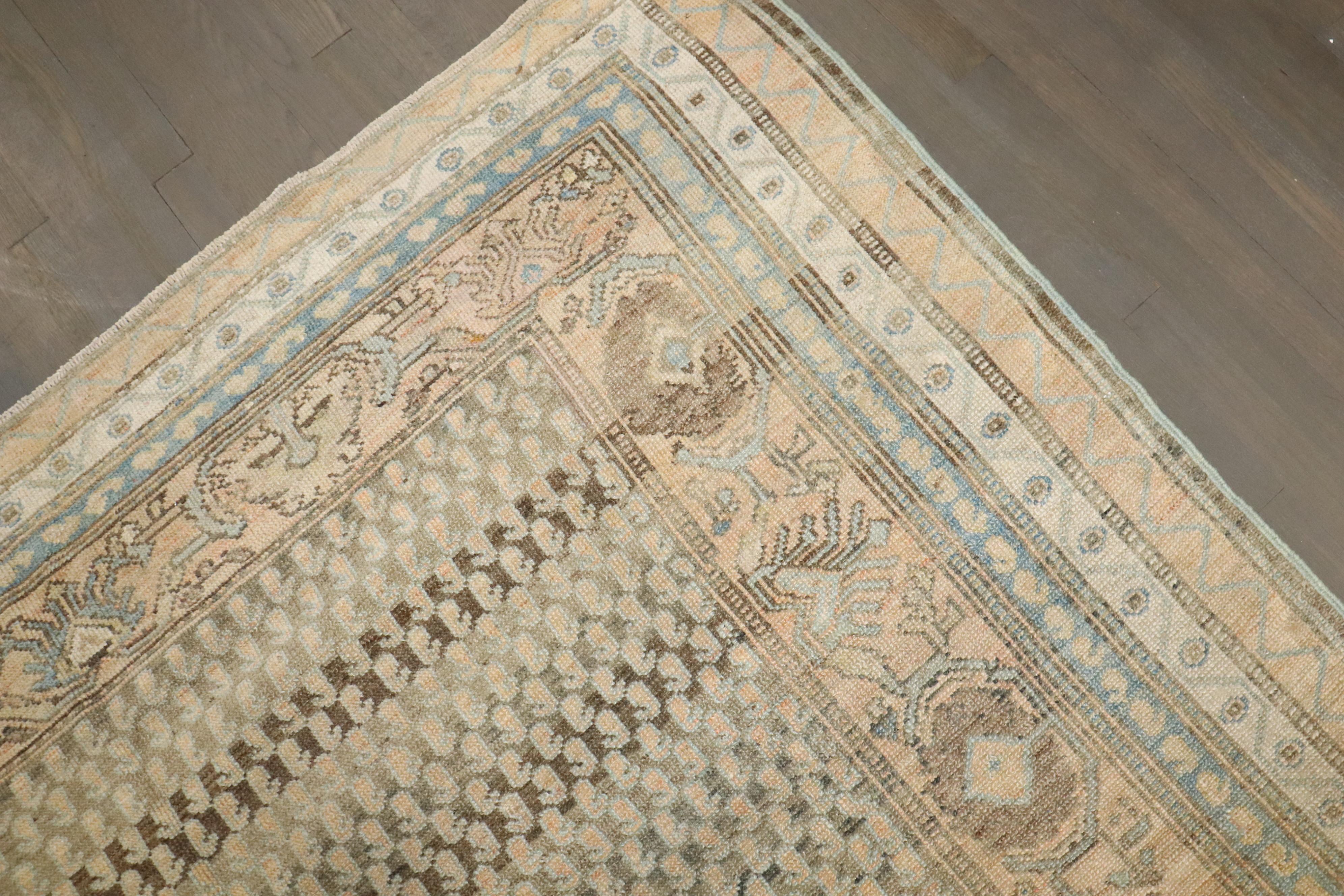An intermediate square size Persian Malayer Seraband Carpet from the 2nd quarter of the 20th century in soft browns, peach, and blues

Details
rug no.	j4436
size	6' 6