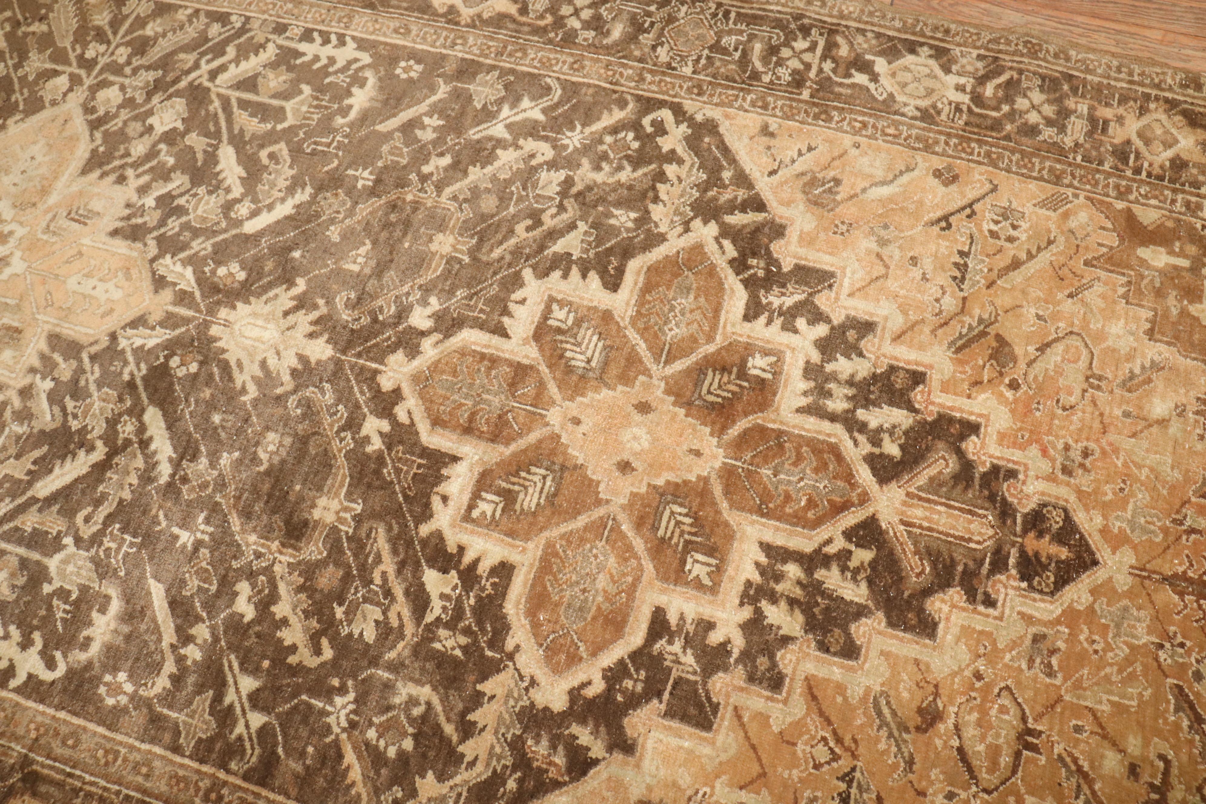 Hand-Woven Zabihi Collection Brown Vintage Persian Heriz Gallery Rug For Sale