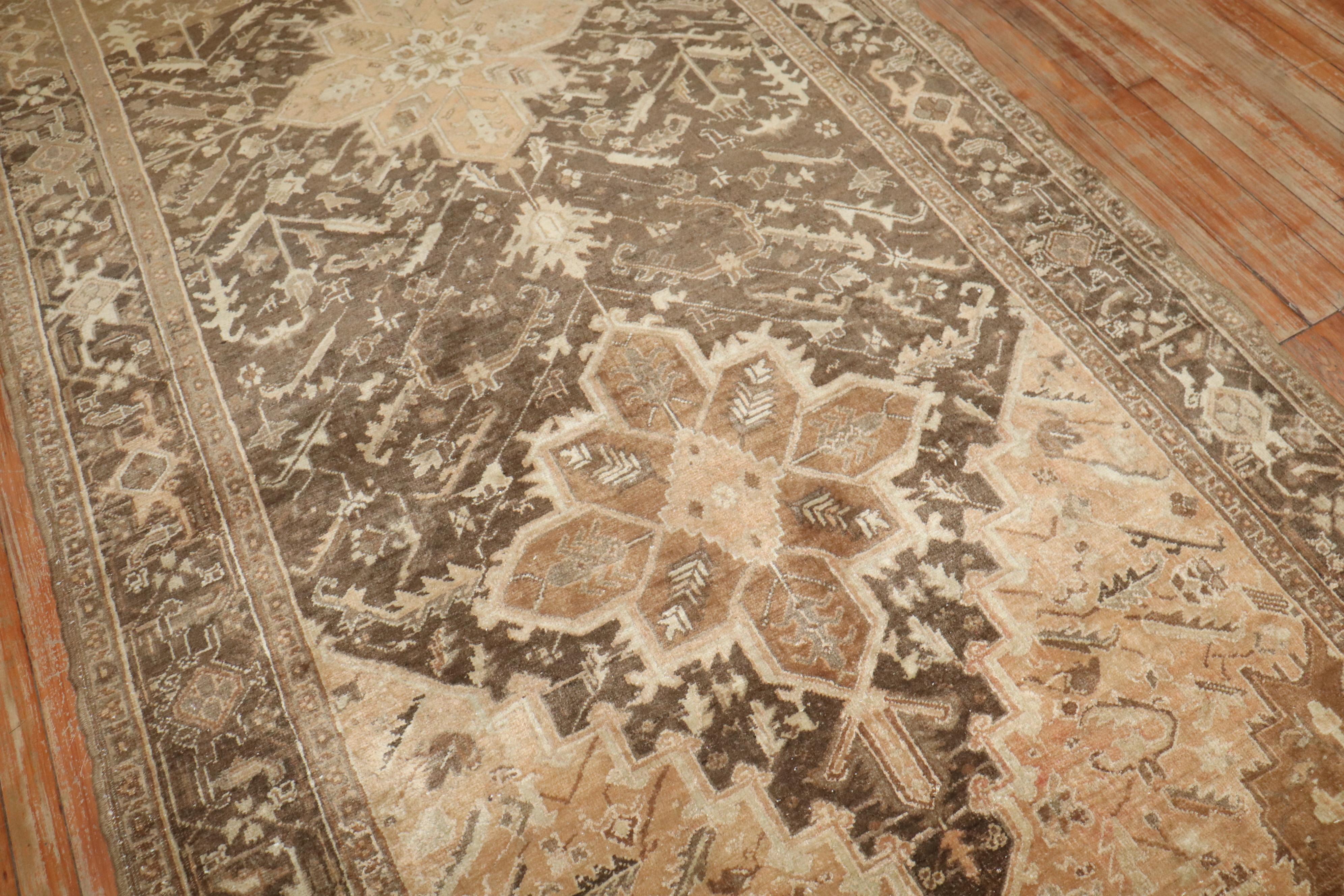 Zabihi Collection Brown Vintage Persian Heriz Gallery Rug In Good Condition For Sale In New York, NY
