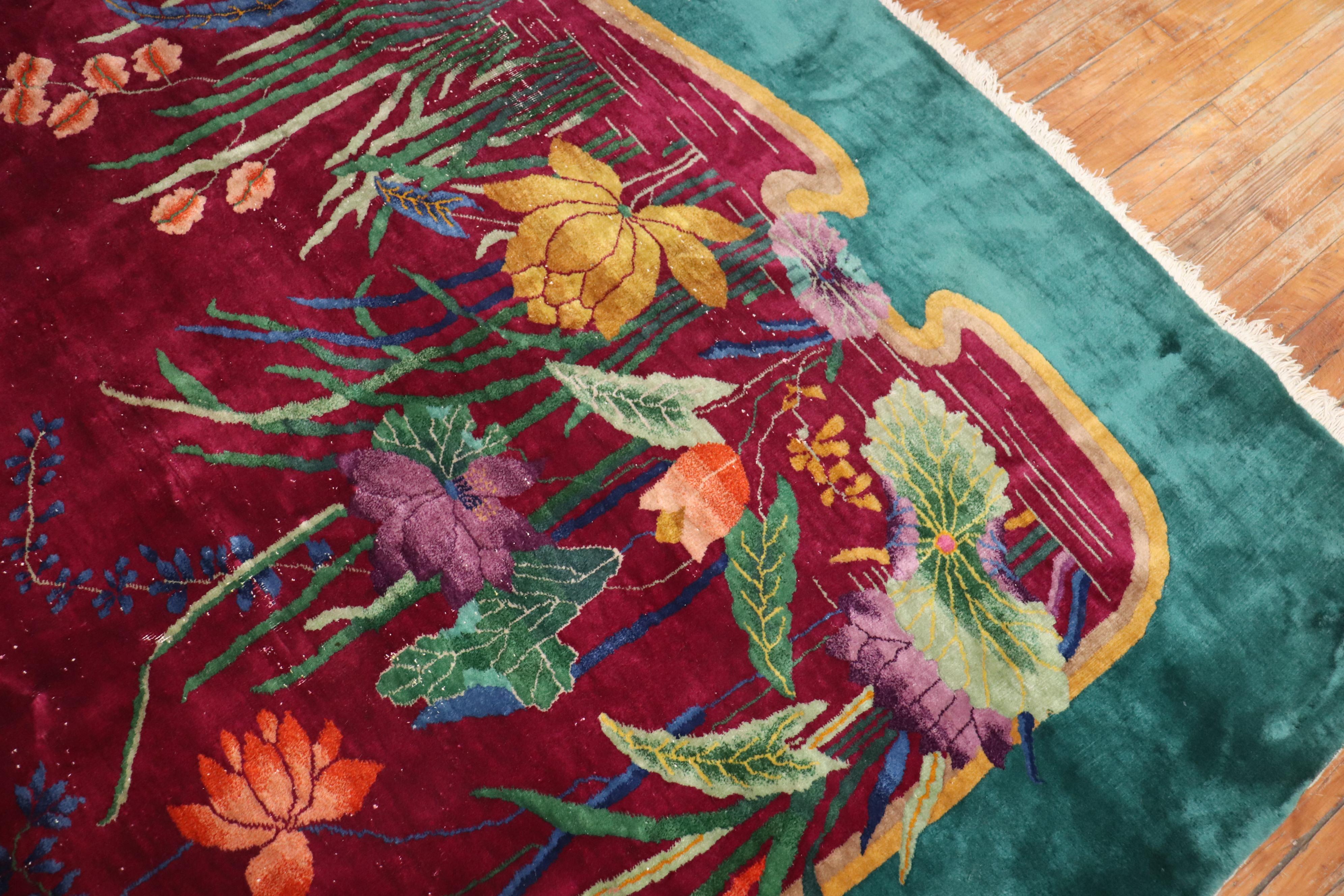 Zabihi Collection Burgundy Emerald Green Antique Chinese Art Deco Carpet In Good Condition For Sale In New York, NY