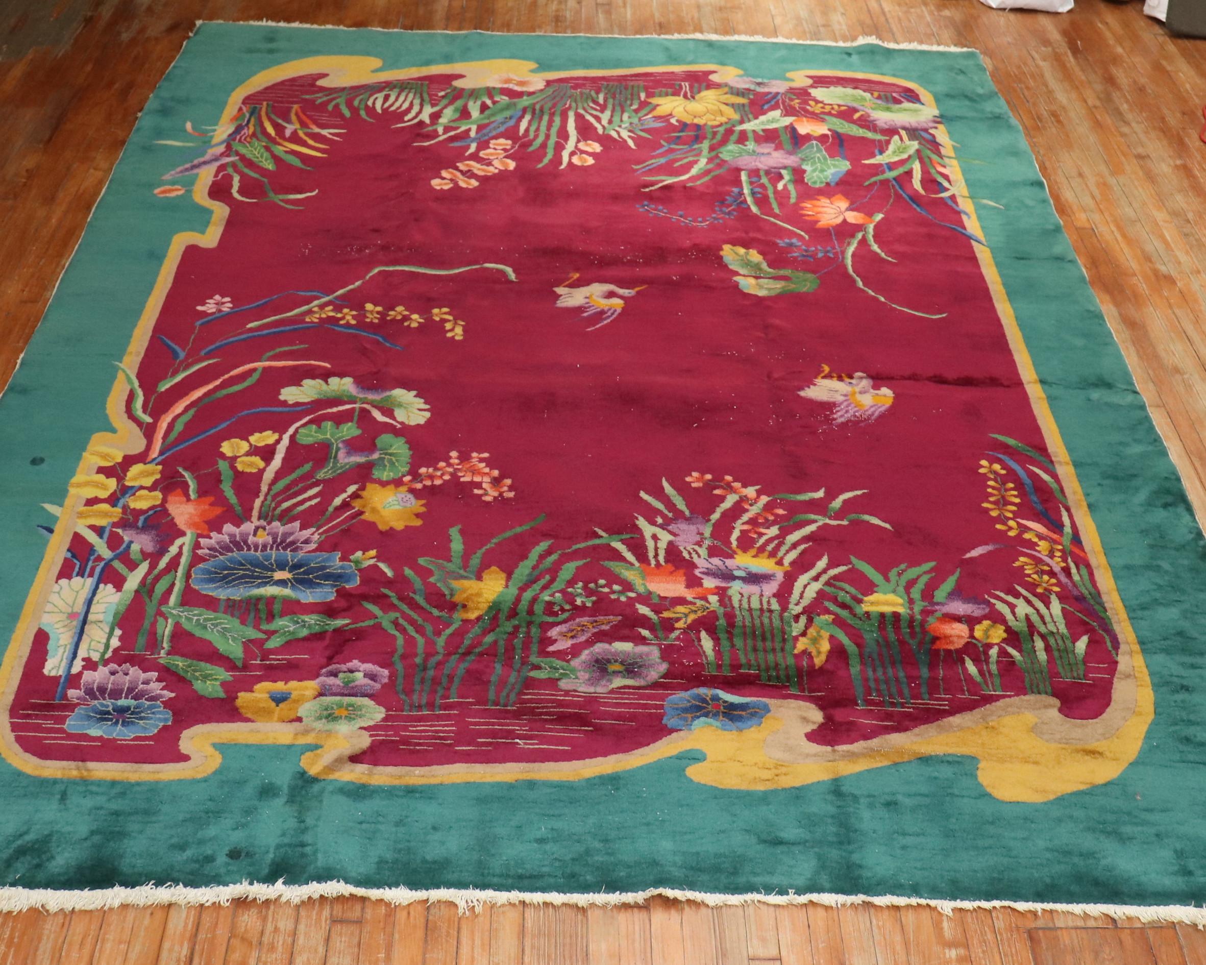Zabihi Collection Burgundy Emerald Green Antique Chinese Art Deco Carpet For Sale 2