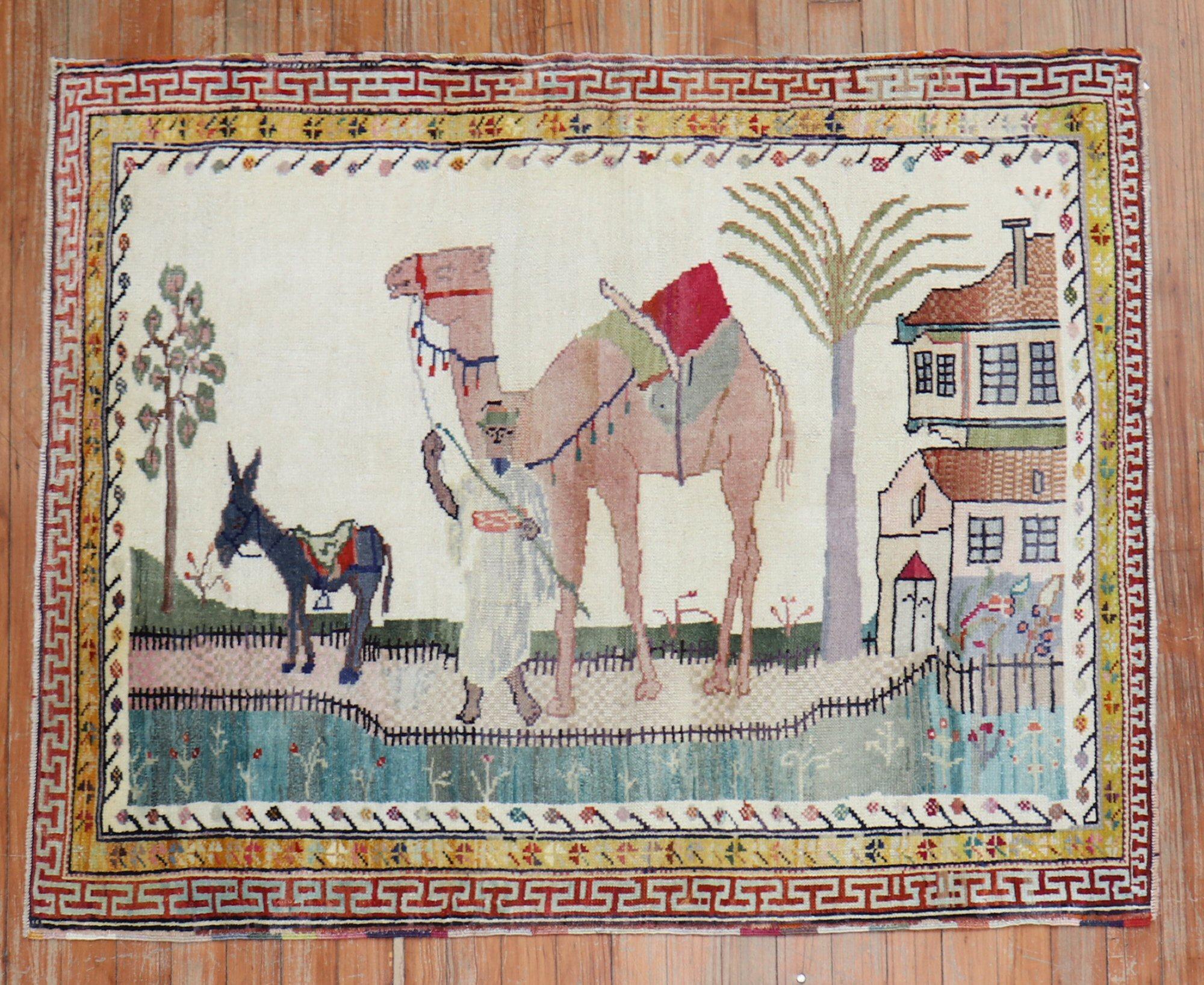 Folk Art Zabihi Collection Camel Donkey Anatolian Pictorial Scatter Size Rug For Sale