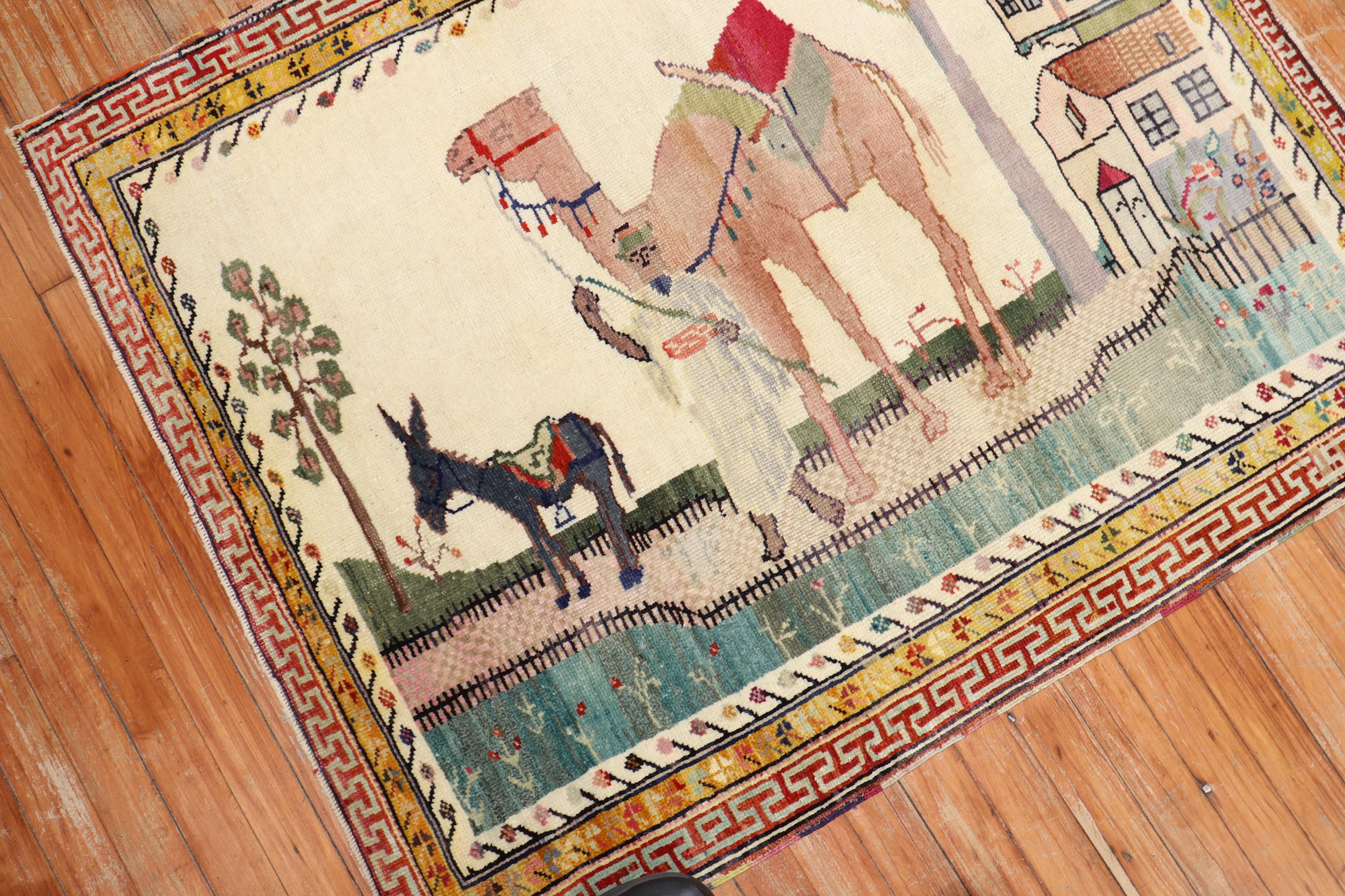 Turkish Zabihi Collection Camel Donkey Anatolian Pictorial Scatter Size Rug For Sale