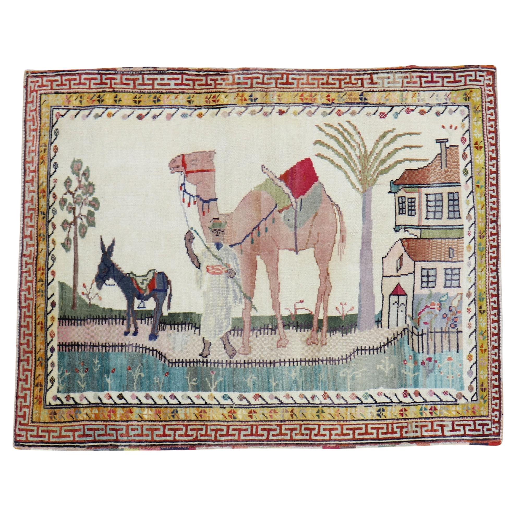 Zabihi Collection Camel Donkey Anatolian Pictorial Scatter Size Rug For Sale