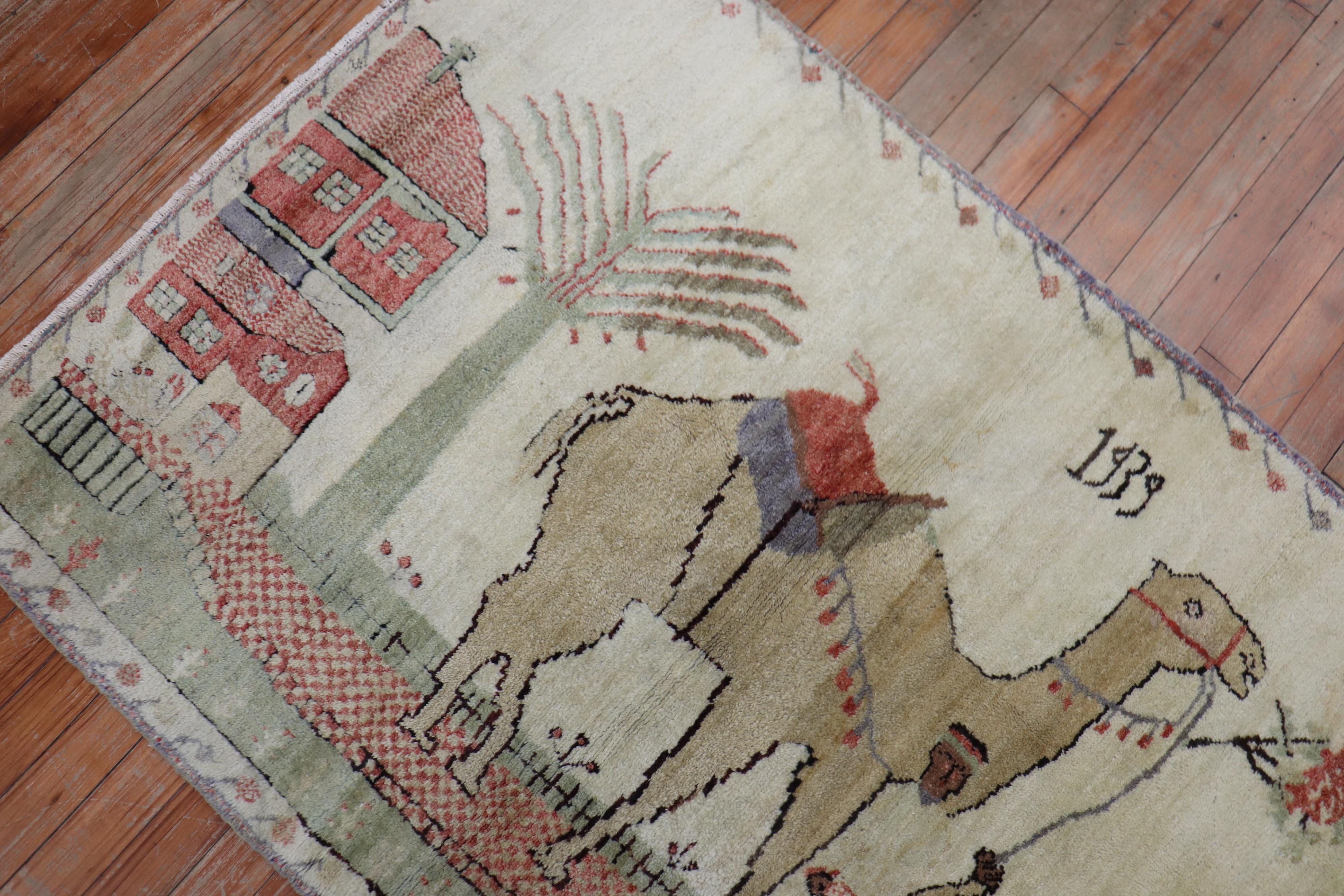 Tappeto Kula turco di dimensioni sparse datato 1939 con cammello e asino su campo avorio. La qualità di questo pezzo è superba

Dettagli
rug no.	r5403
dimensione	3' 2