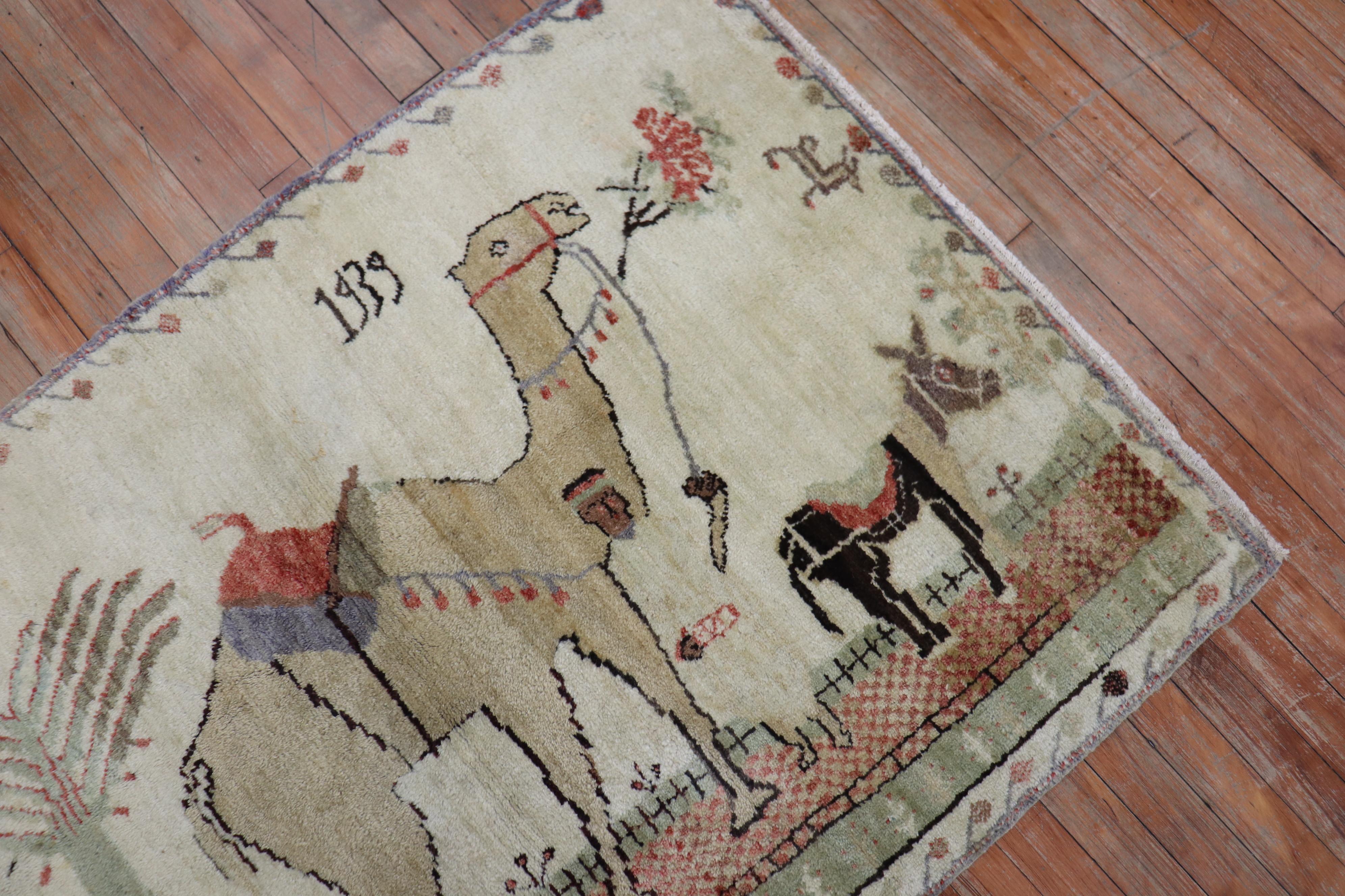 Arte popolare Tappeto Zabihi Collection Camel Donkey Turkish Kula Pictorial Scatter Size in vendita