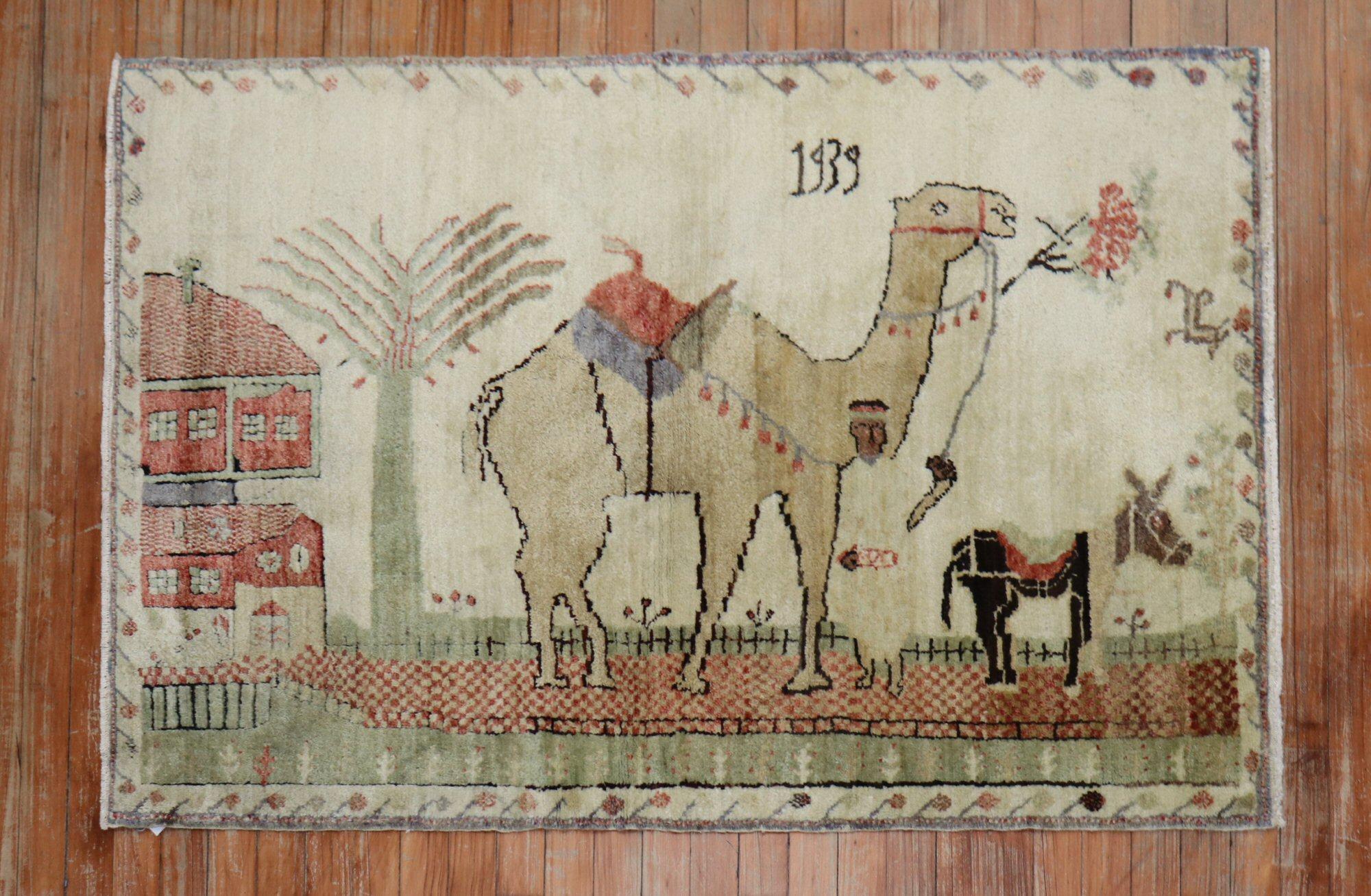 Tessuto a mano Tappeto Zabihi Collection Camel Donkey Turkish Kula Pictorial Scatter Size in vendita