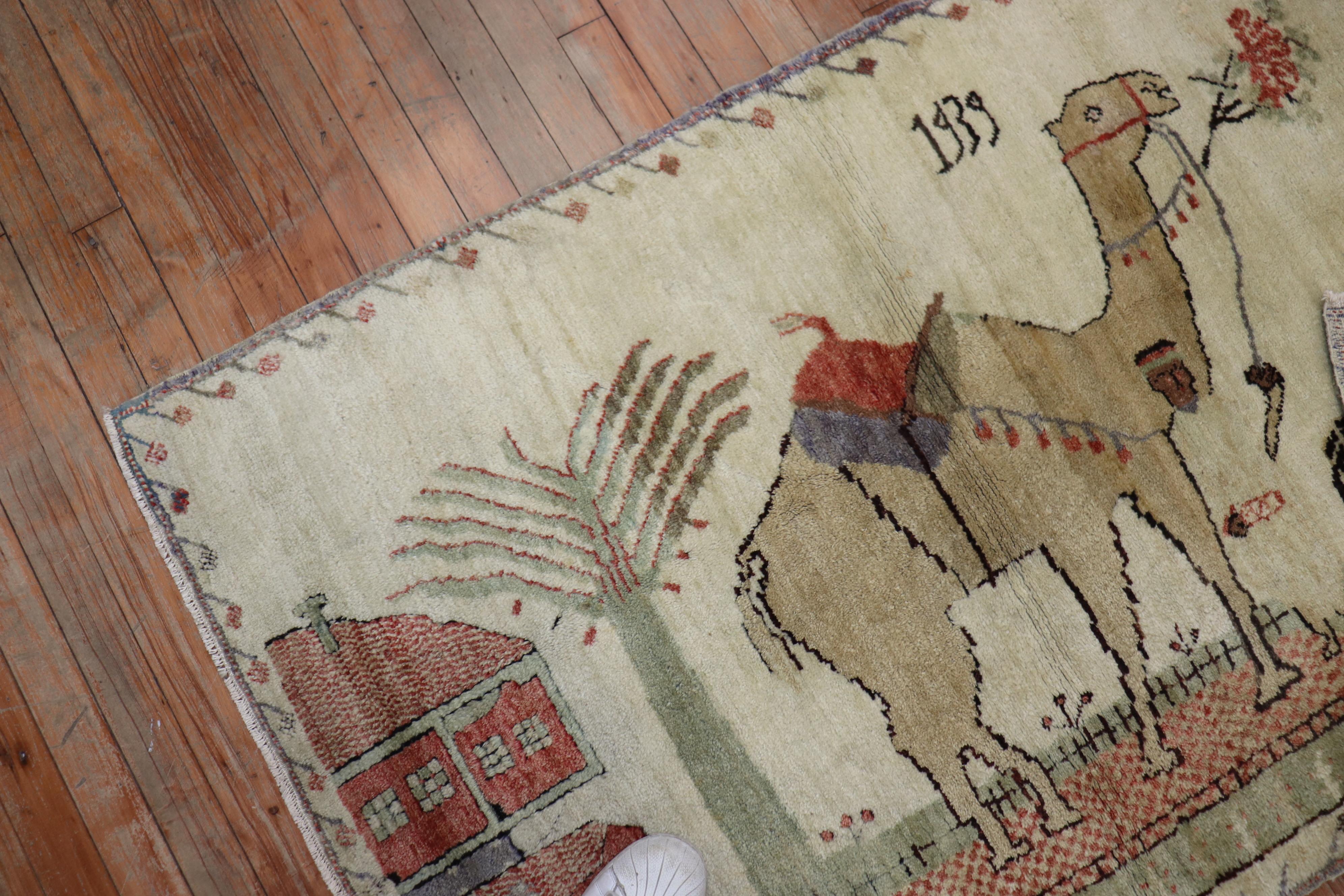 XX secolo Tappeto Zabihi Collection Camel Donkey Turkish Kula Pictorial Scatter Size in vendita
