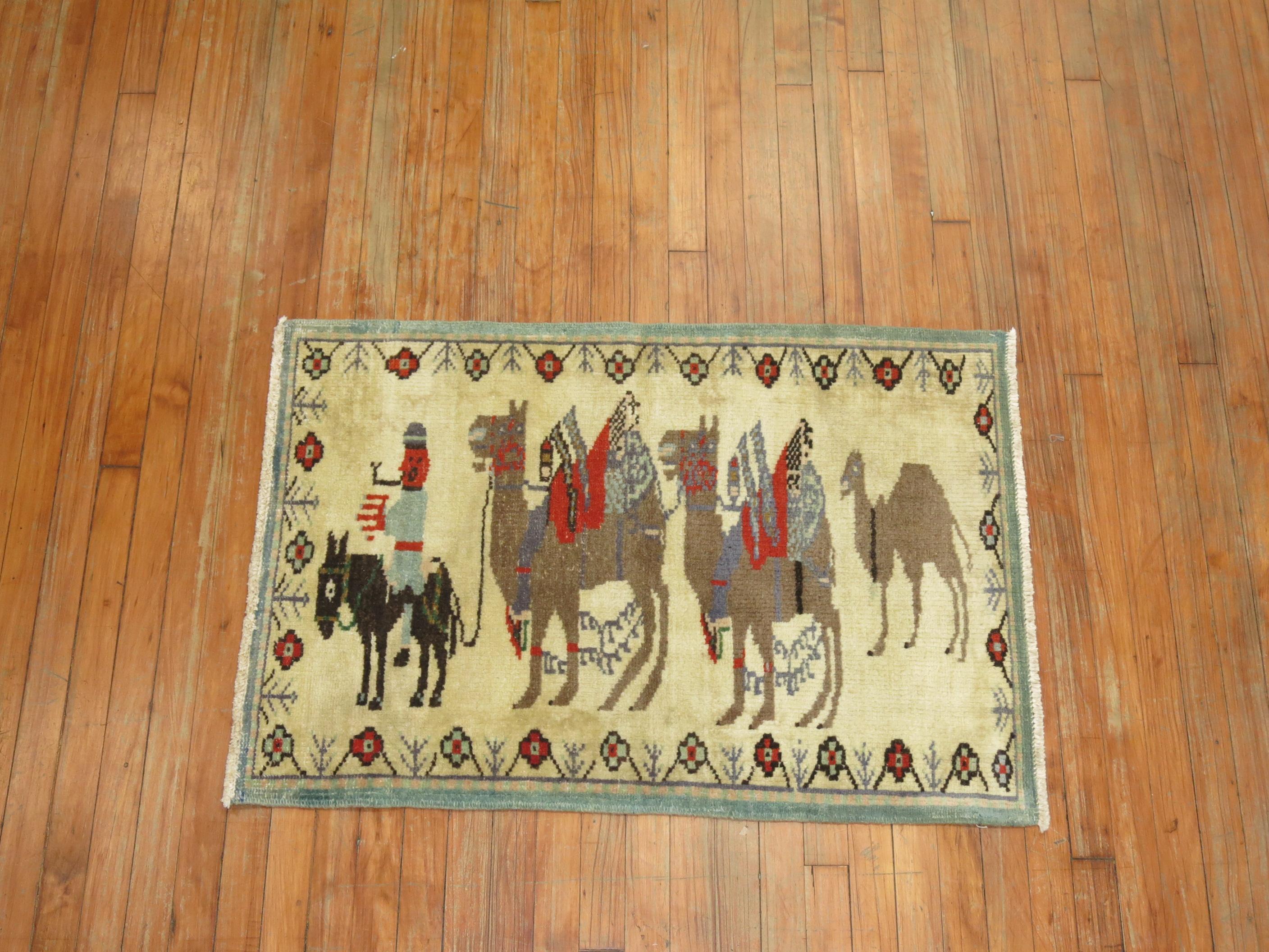 Folk Art Zabihi Collection Camel Donkey Turkish Pictorial Scatter Size Rug For Sale