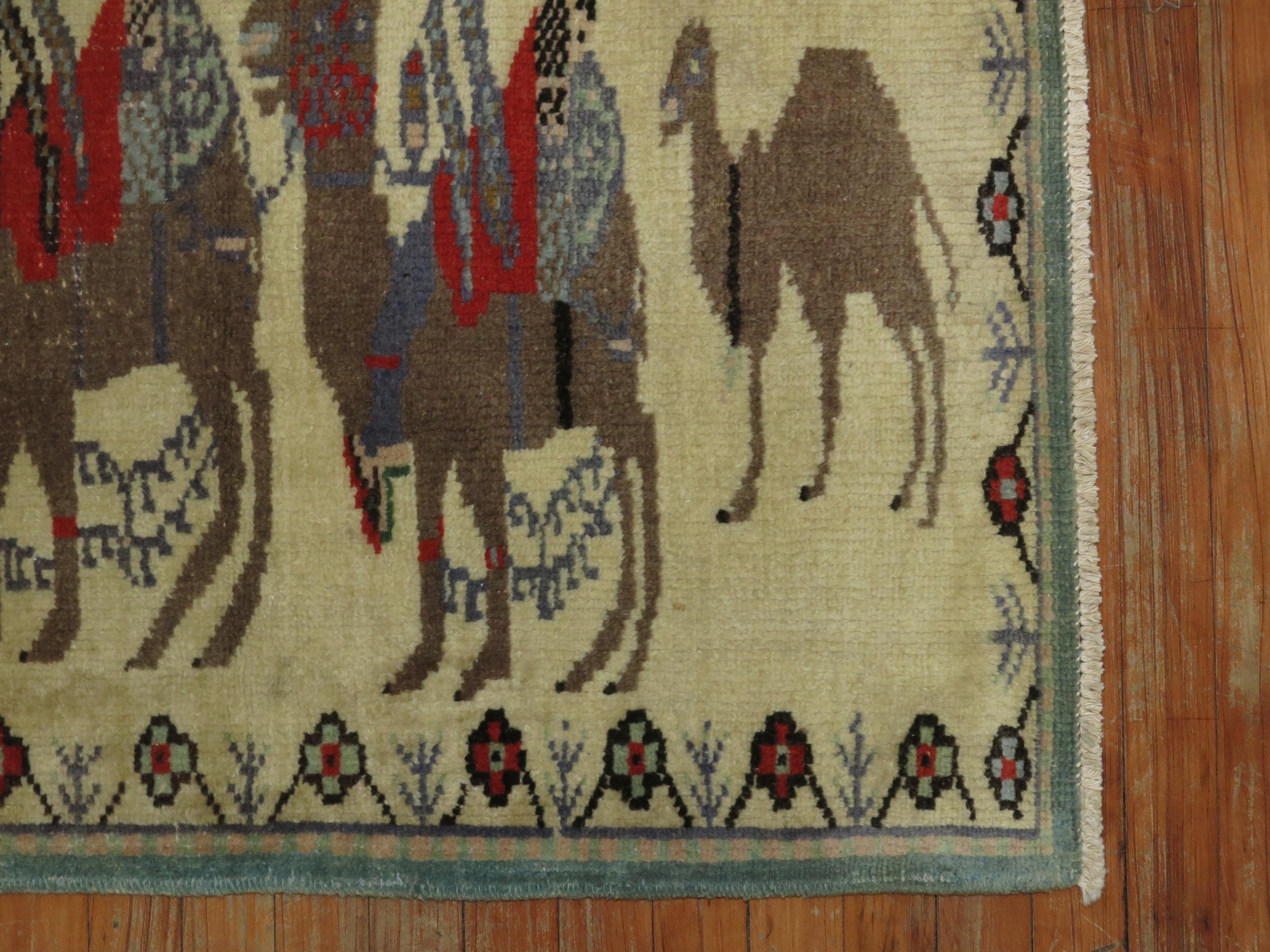 Hand-Woven Zabihi Collection Camel Donkey Turkish Pictorial Scatter Size Rug For Sale