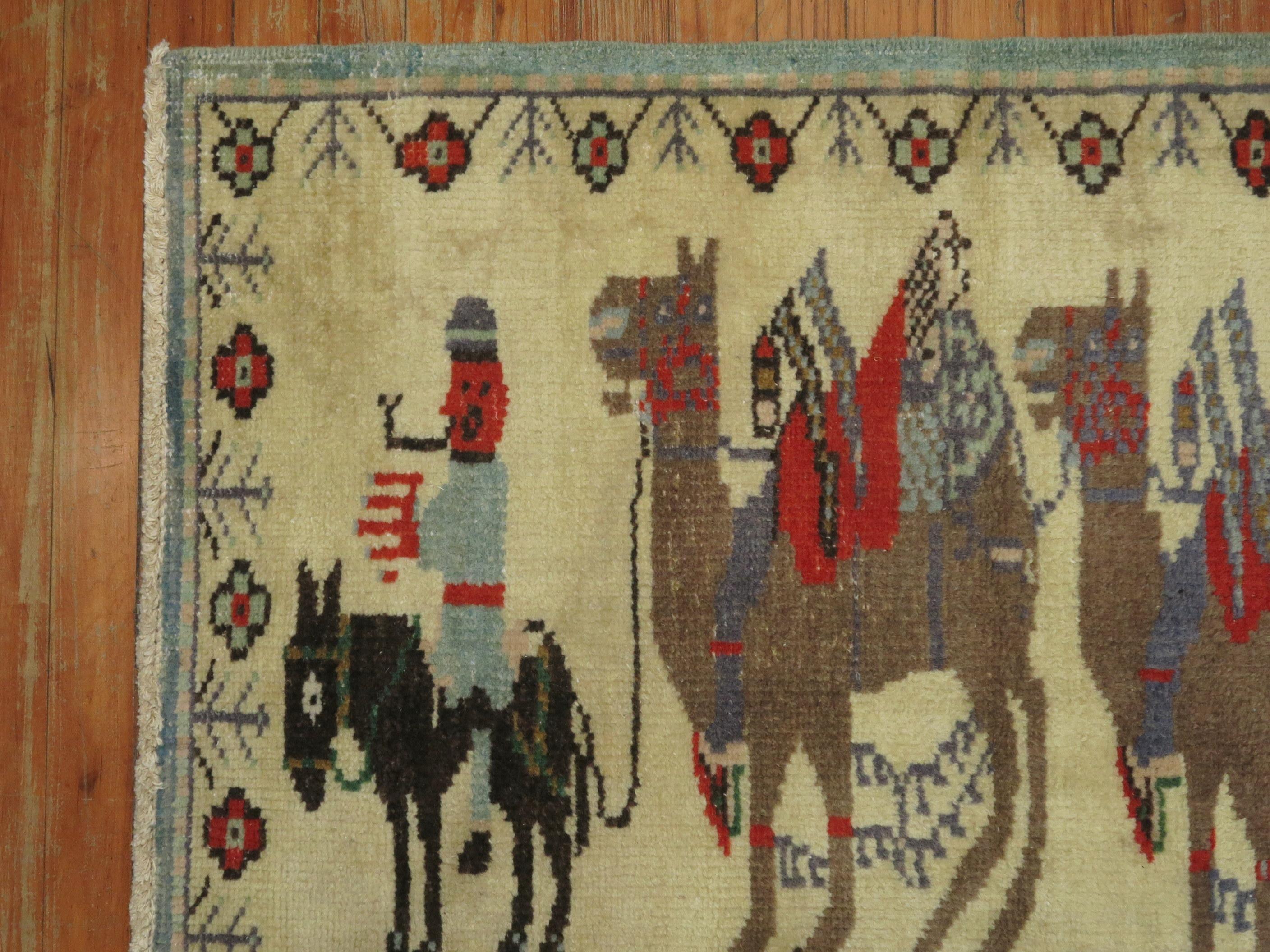 20th Century Zabihi Collection Camel Donkey Turkish Pictorial Scatter Size Rug For Sale