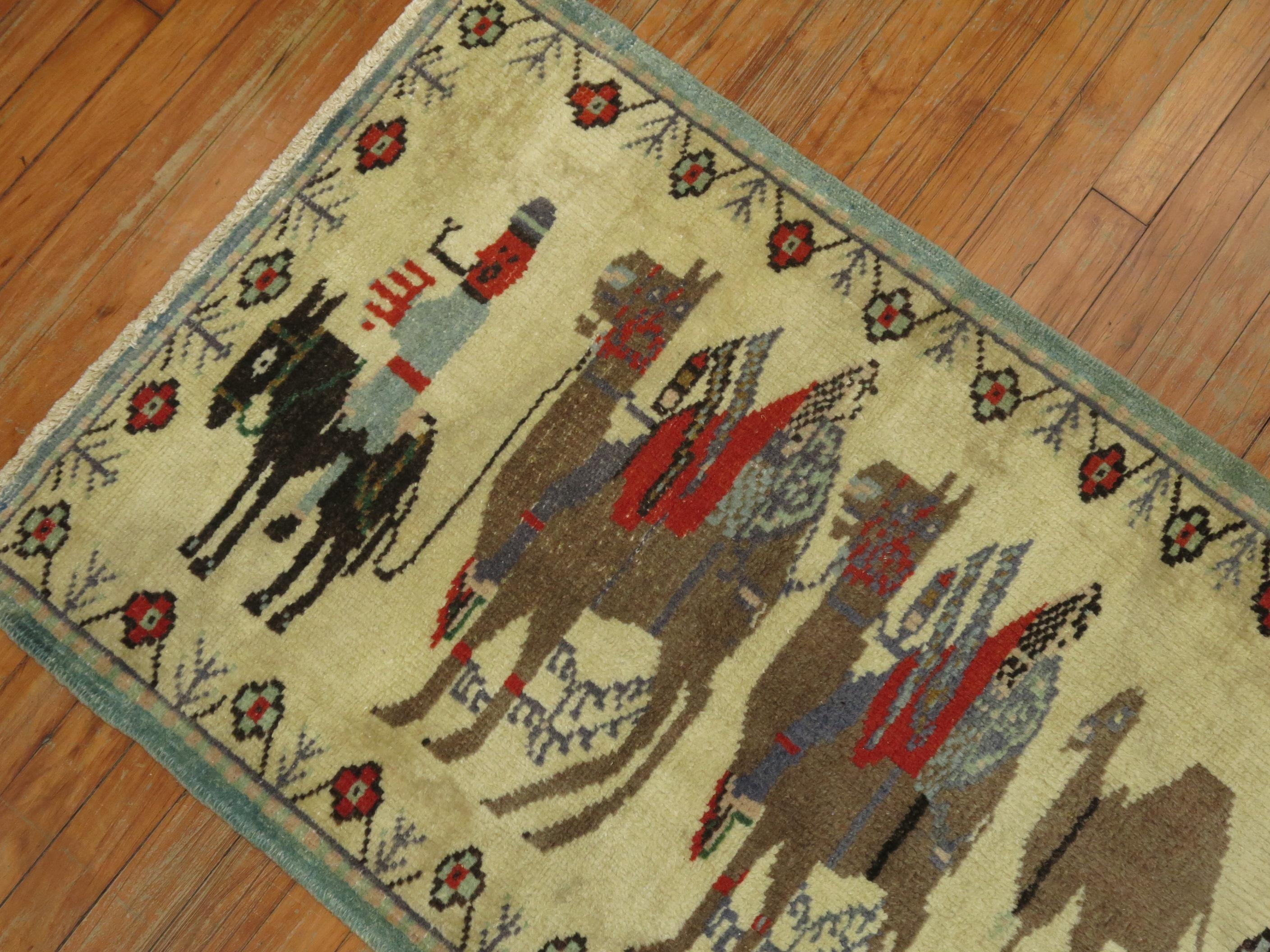 Wool Zabihi Collection Camel Donkey Turkish Pictorial Scatter Size Rug For Sale
