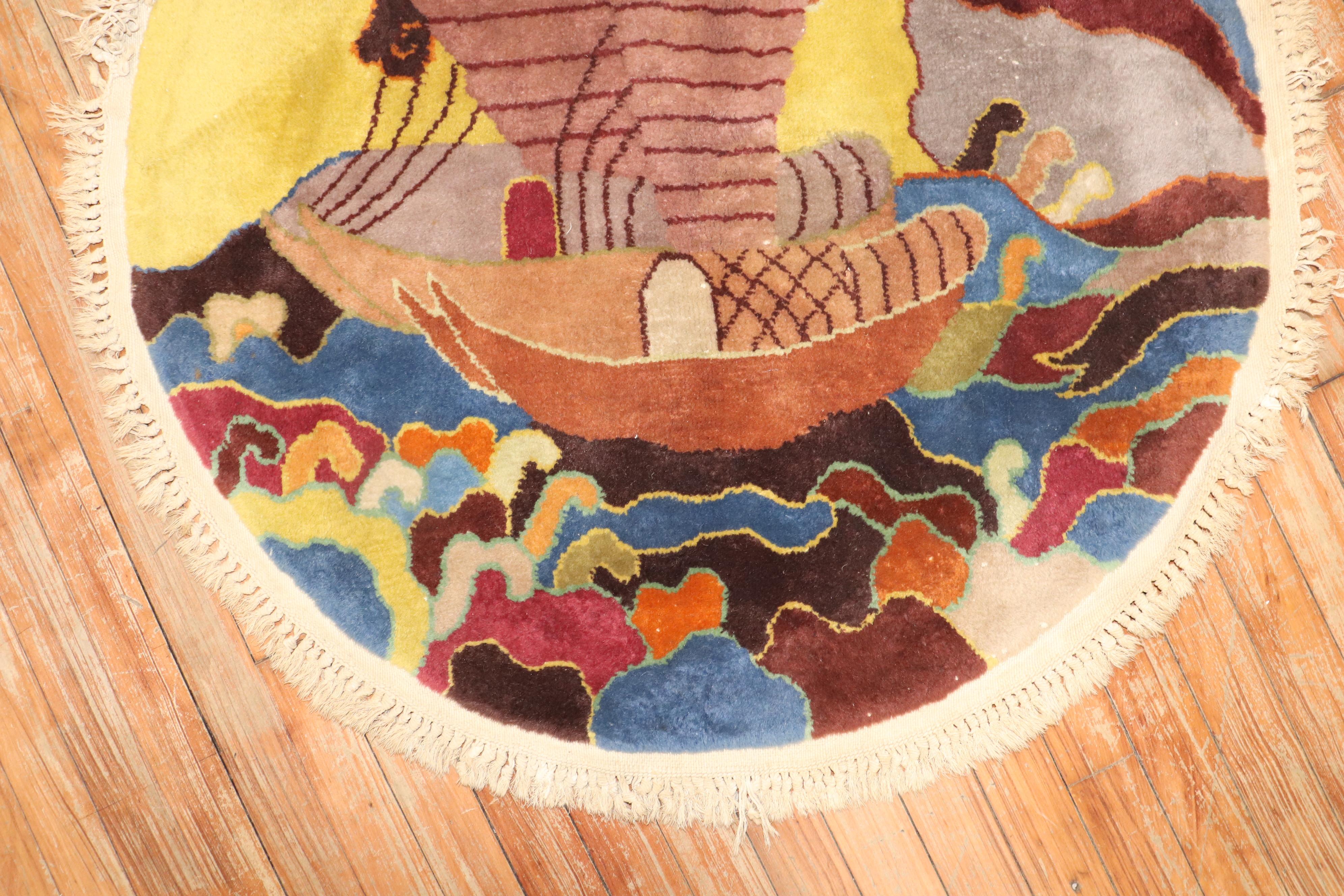 Anglo-Indian Zabihi Collection Chinese Art Deco Round Rug For Sale
