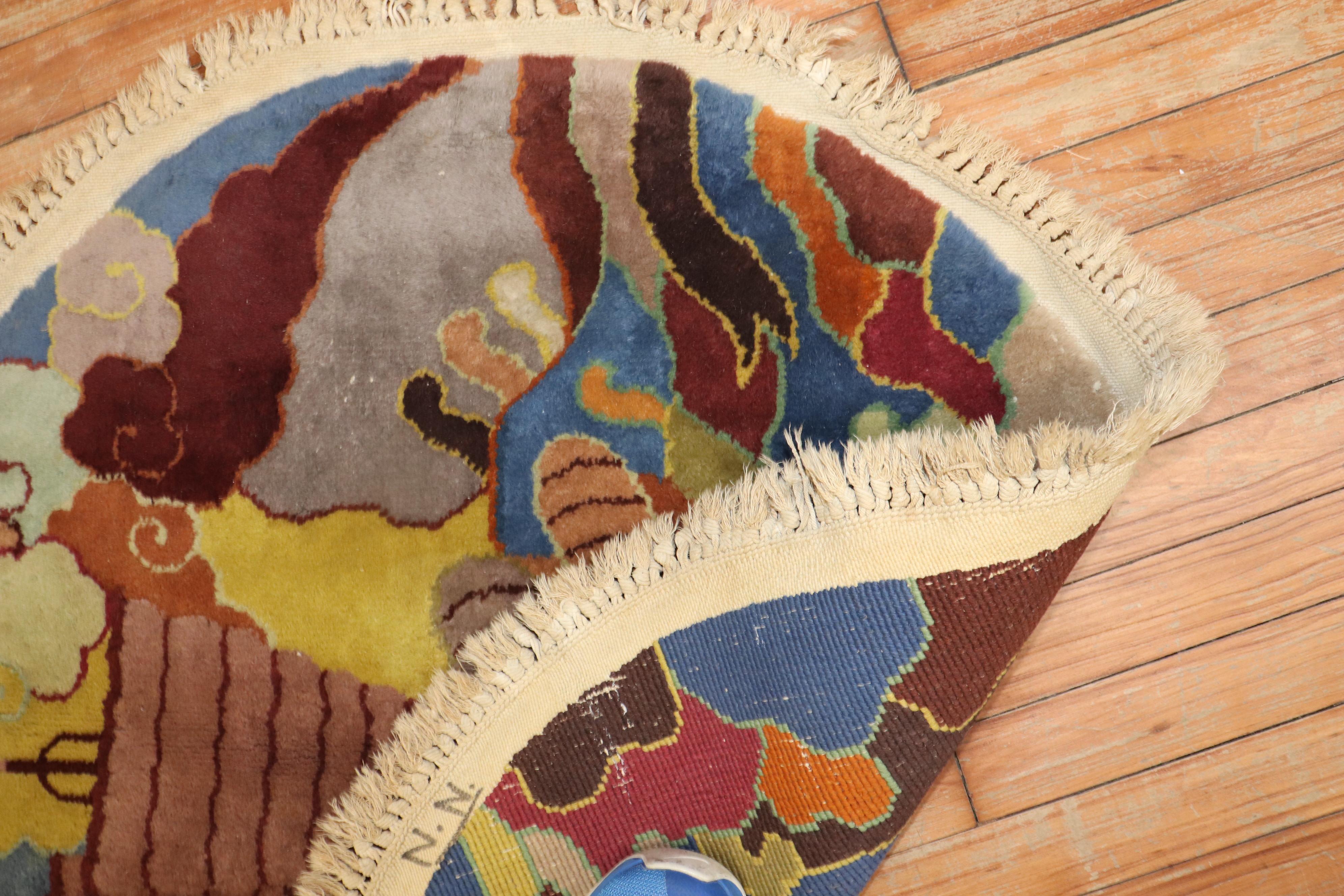 Hand-Woven Zabihi Collection Chinese Art Deco Round Rug For Sale