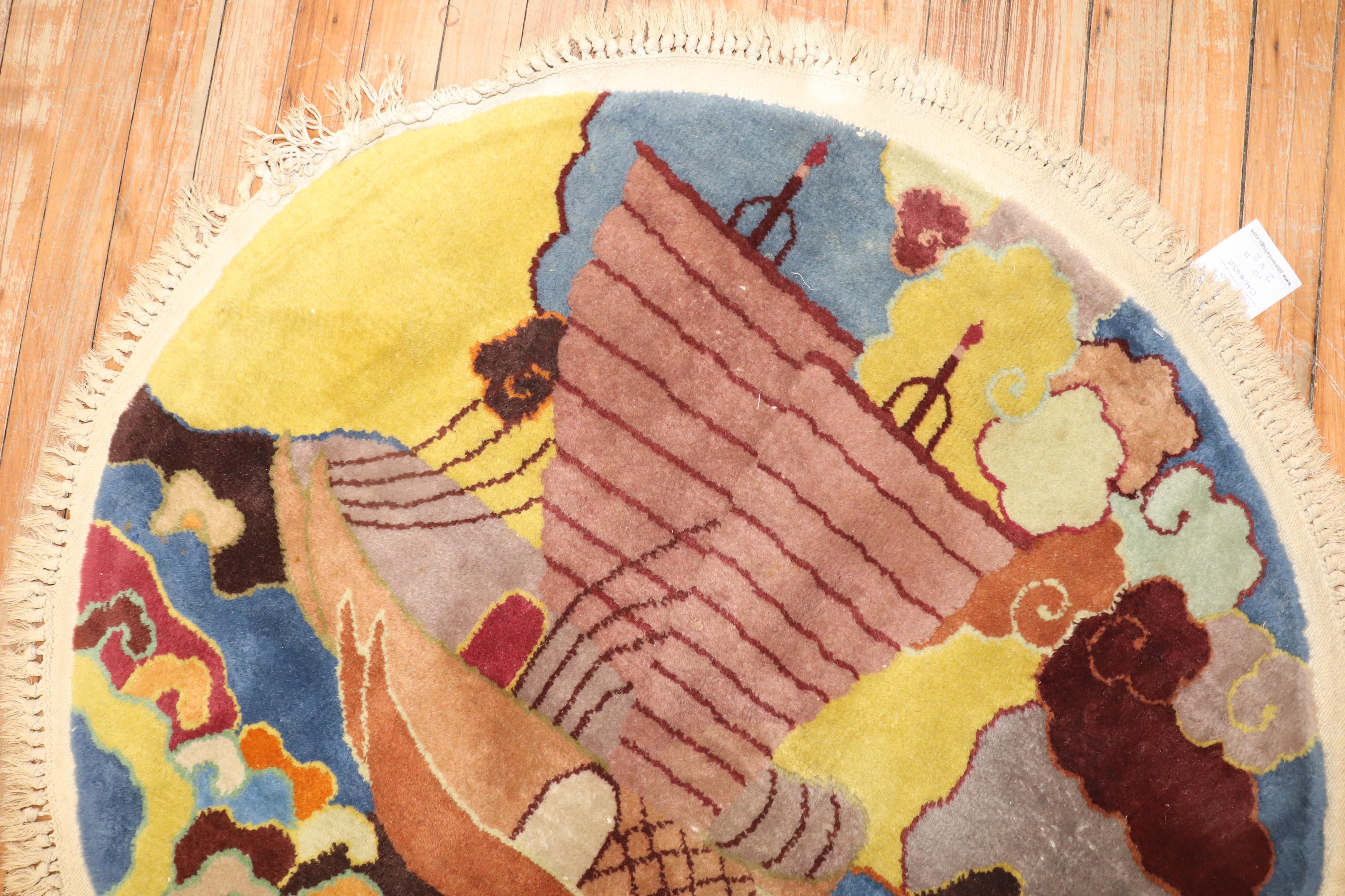 Zabihi Collection Chinese Art Deco Round Rug In Good Condition For Sale In New York, NY