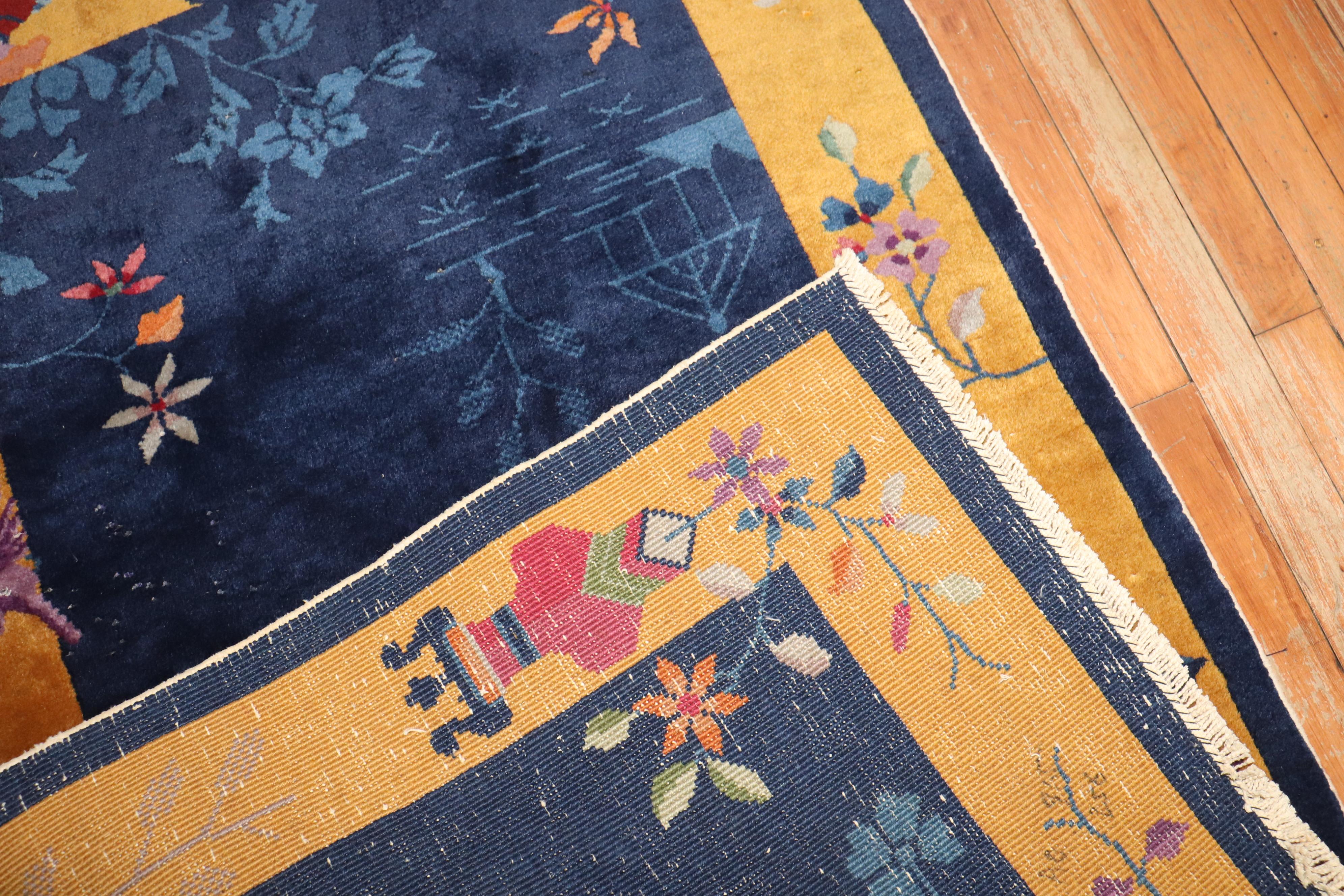 Chinoiserie Zabihi Collection Chinese Art Deco Small Rug For Sale