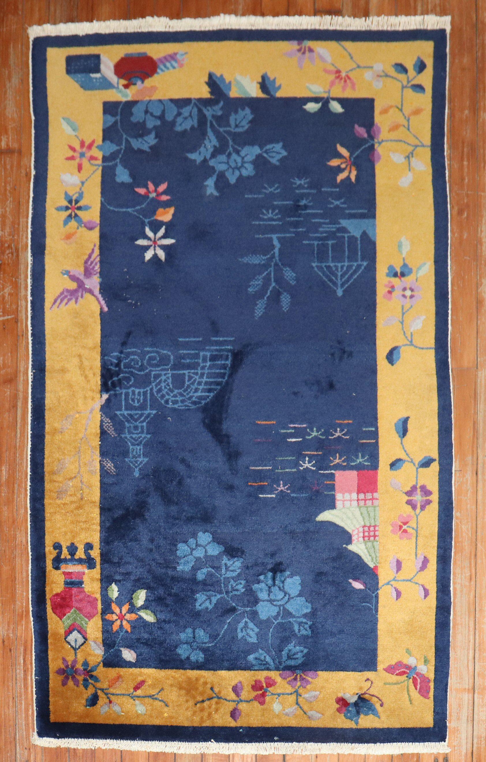 Wool  Zabihi Collection Chinese Art Deco Small Rug For Sale