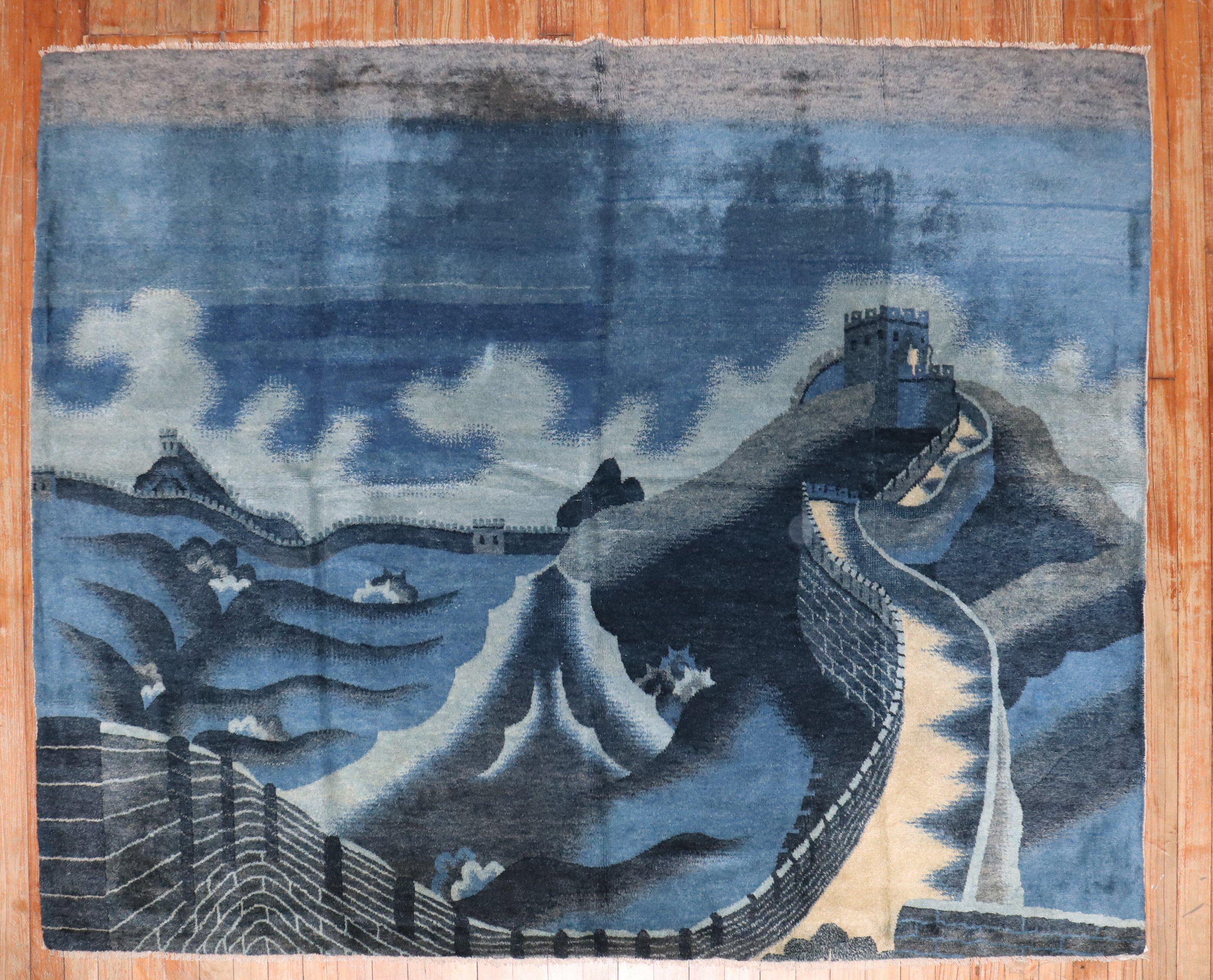 20th Century Zabihi Collection Chinese Batou Wall of China Pictorial Rug For Sale