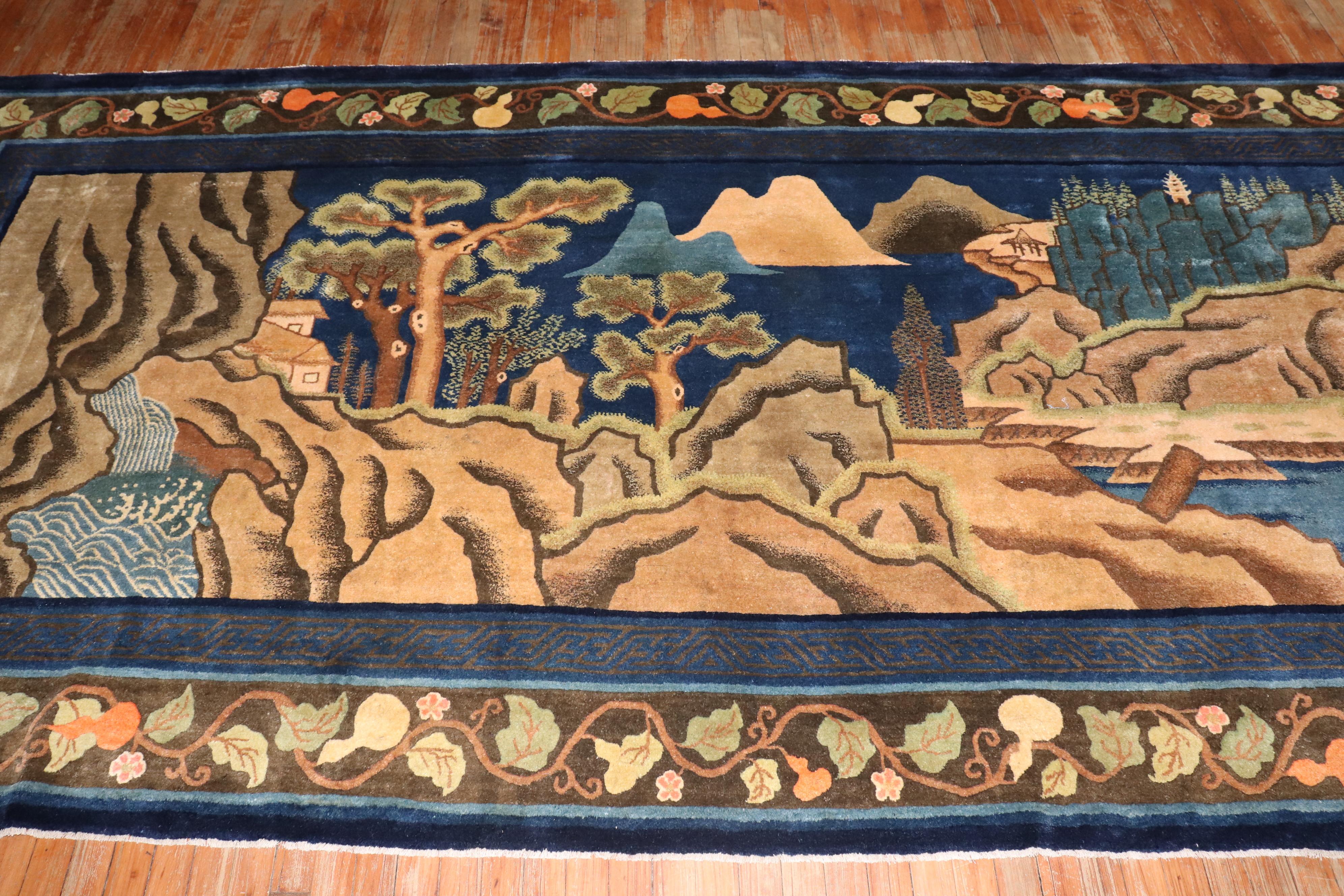 Folk Art Zabihi Collection Chinese Peking Pictorial Gallery Size Rug  For Sale