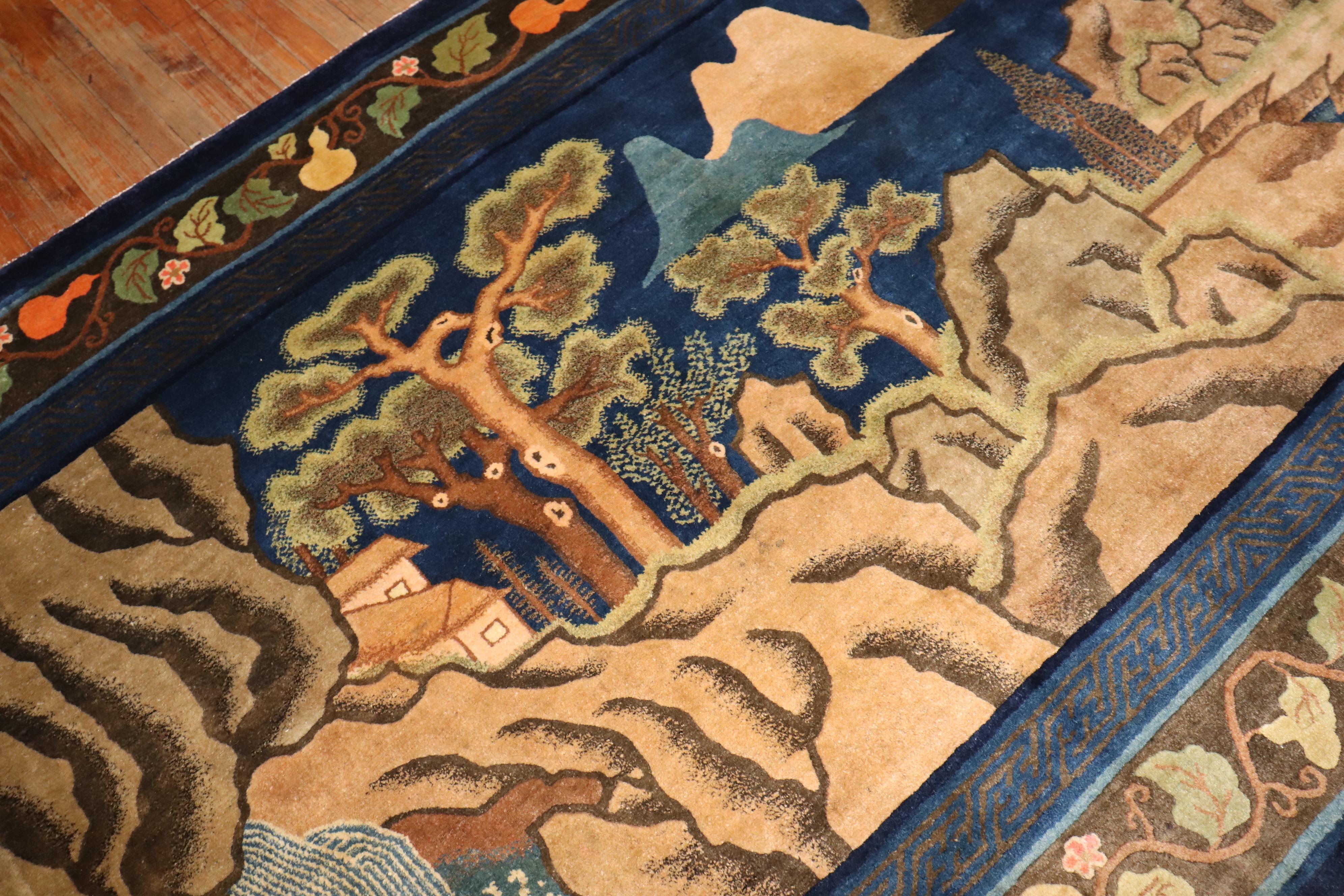 Hand-Knotted Zabihi Collection Chinese Peking Pictorial Gallery Size Rug For Sale