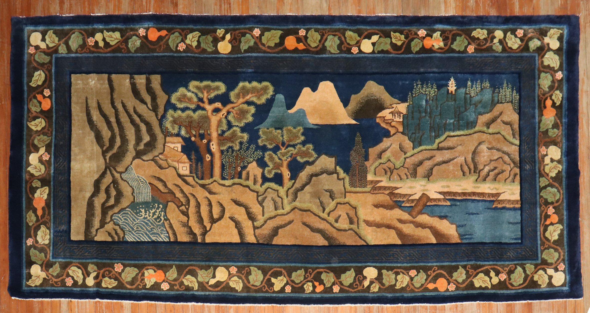 20th Century Zabihi Collection Chinese Peking Pictorial Gallery Size Rug  For Sale