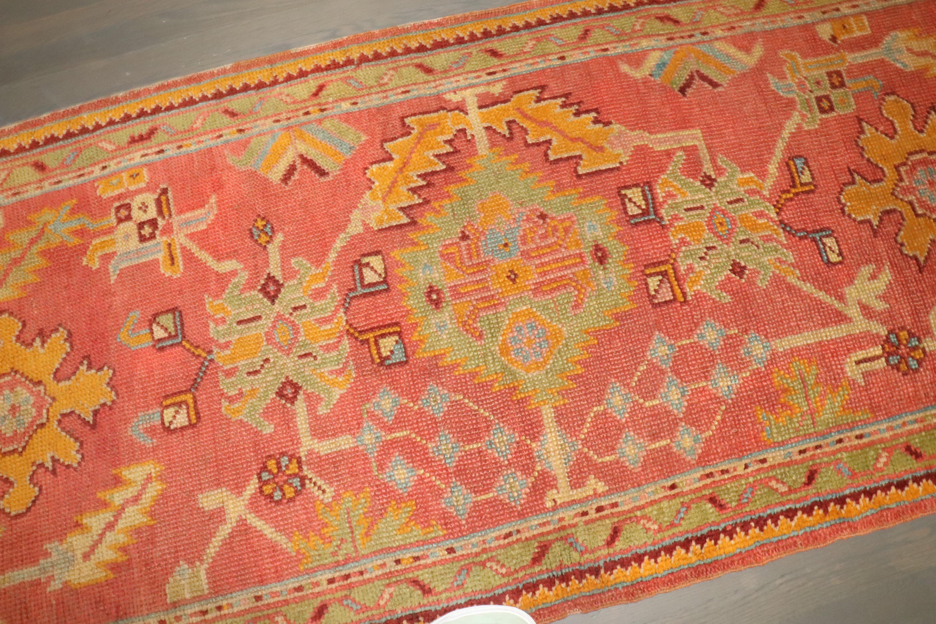 Wool Zabihi Collection Colorful Antique Turkish Oushak Runner For Sale