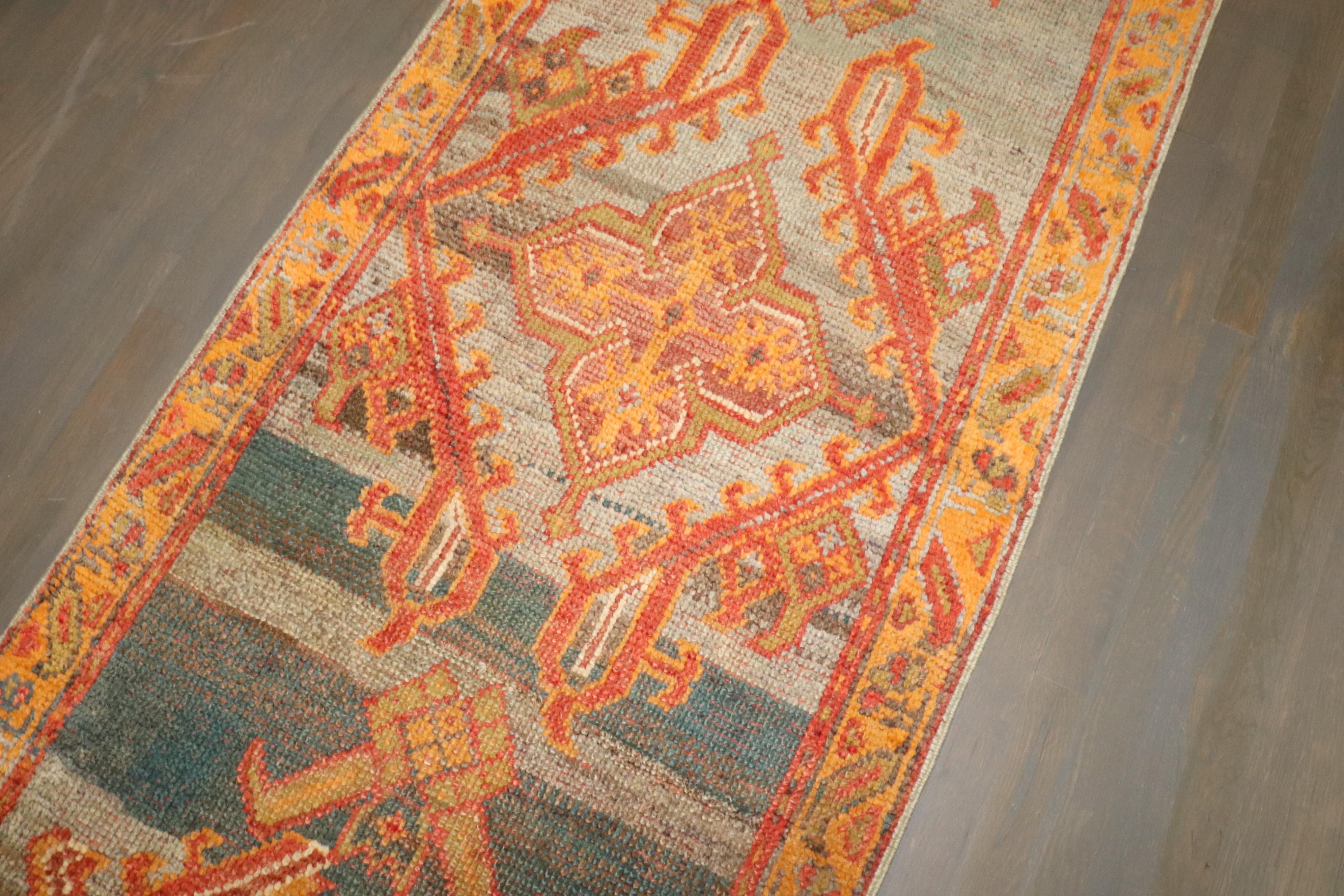 Wool Zabihi Collection Colorful Antique Turkish Oushak Runner For Sale