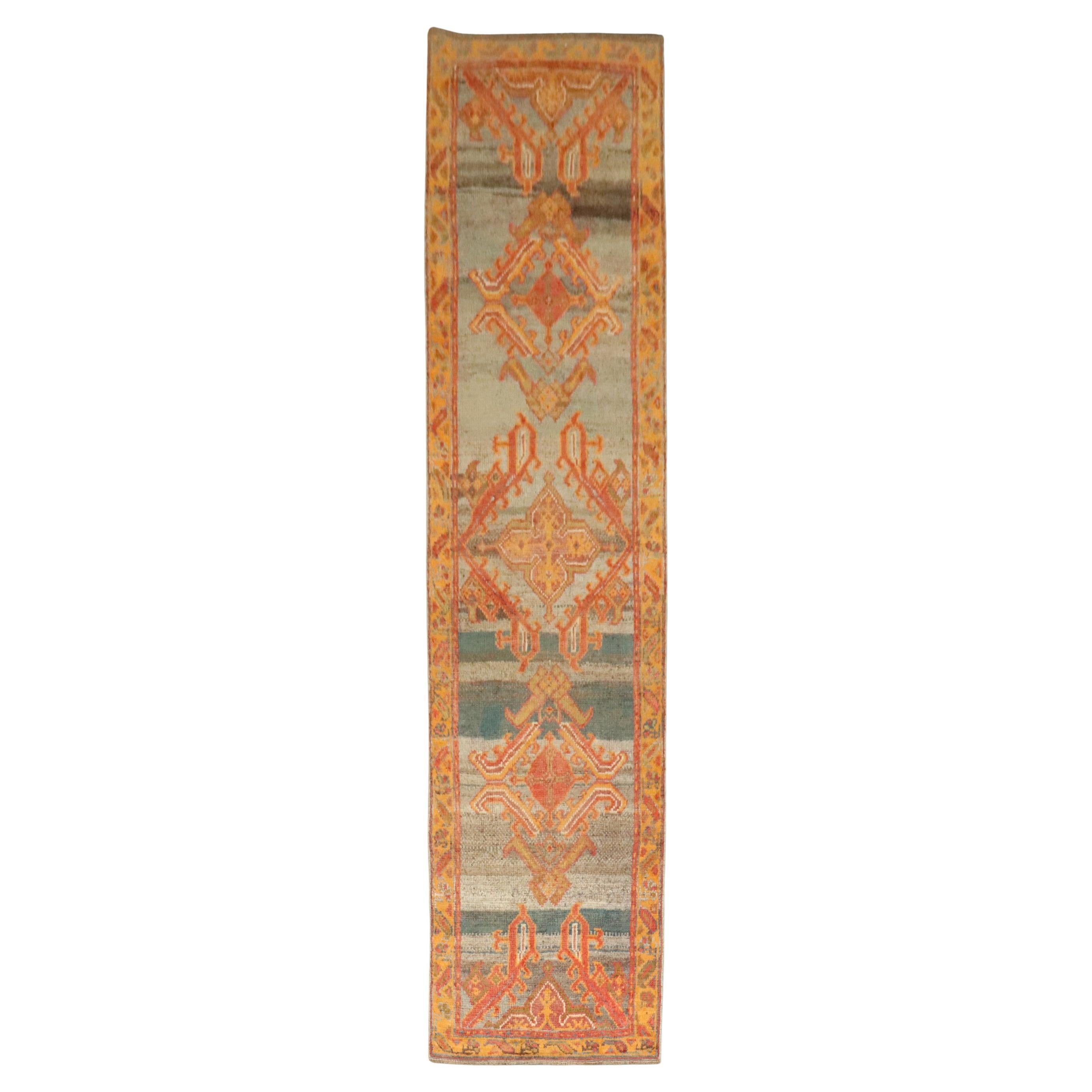 Zabihi Collection Colorful Antique Turkish Oushak Runner For Sale