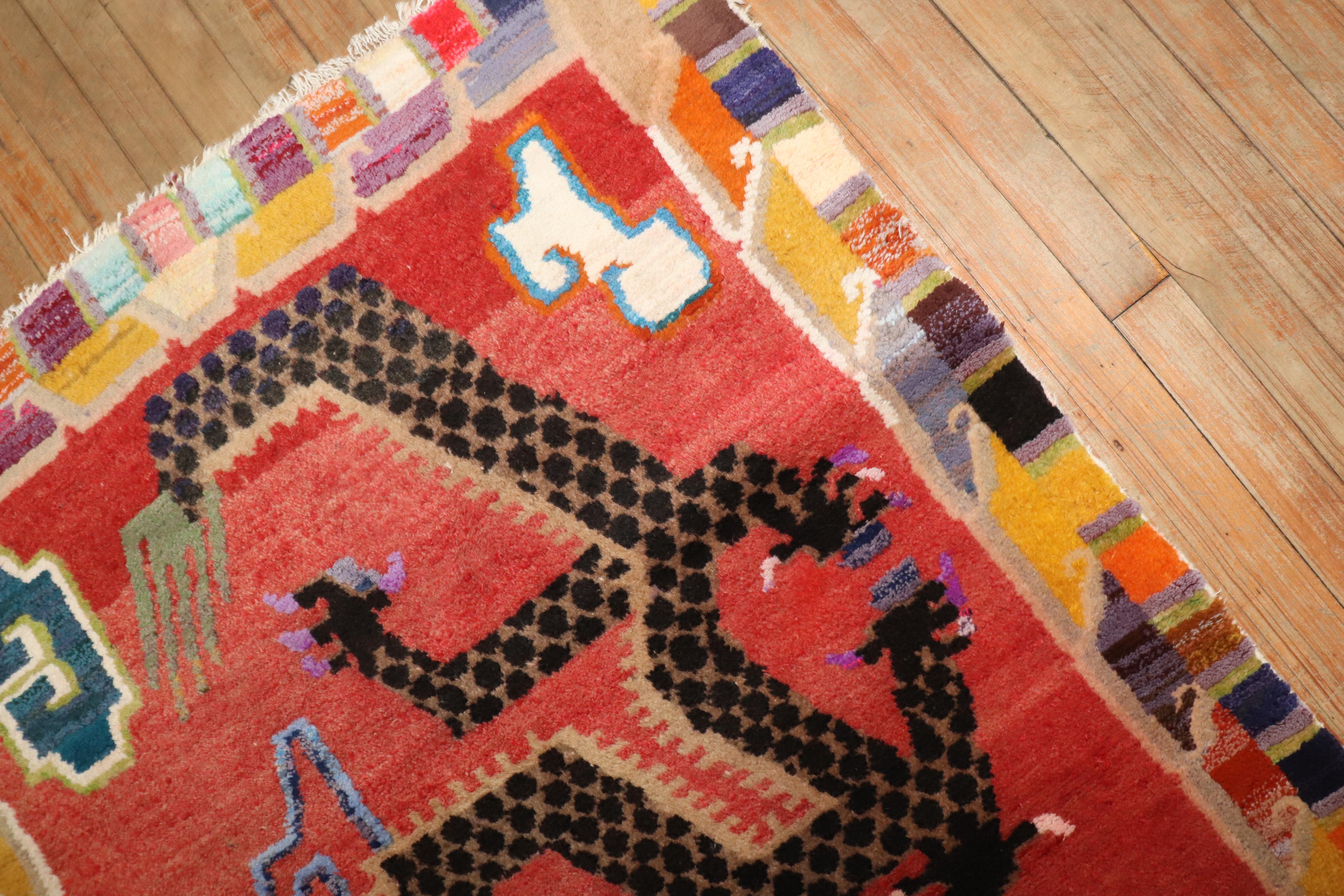 Hand-Knotted Zabihi Collection Colorful Dragon Vintage Tibetan Rug For Sale