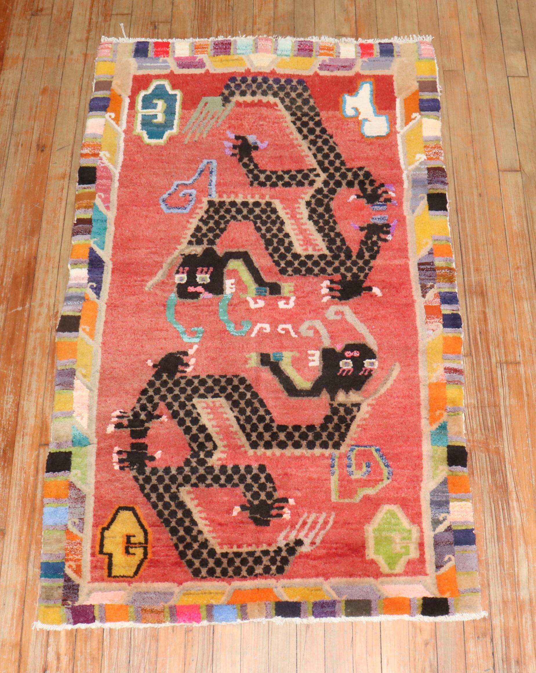 Tibetischer Vintage-Teppich der Zabihi-Kollektion mit buntem Drachen im Angebot 2