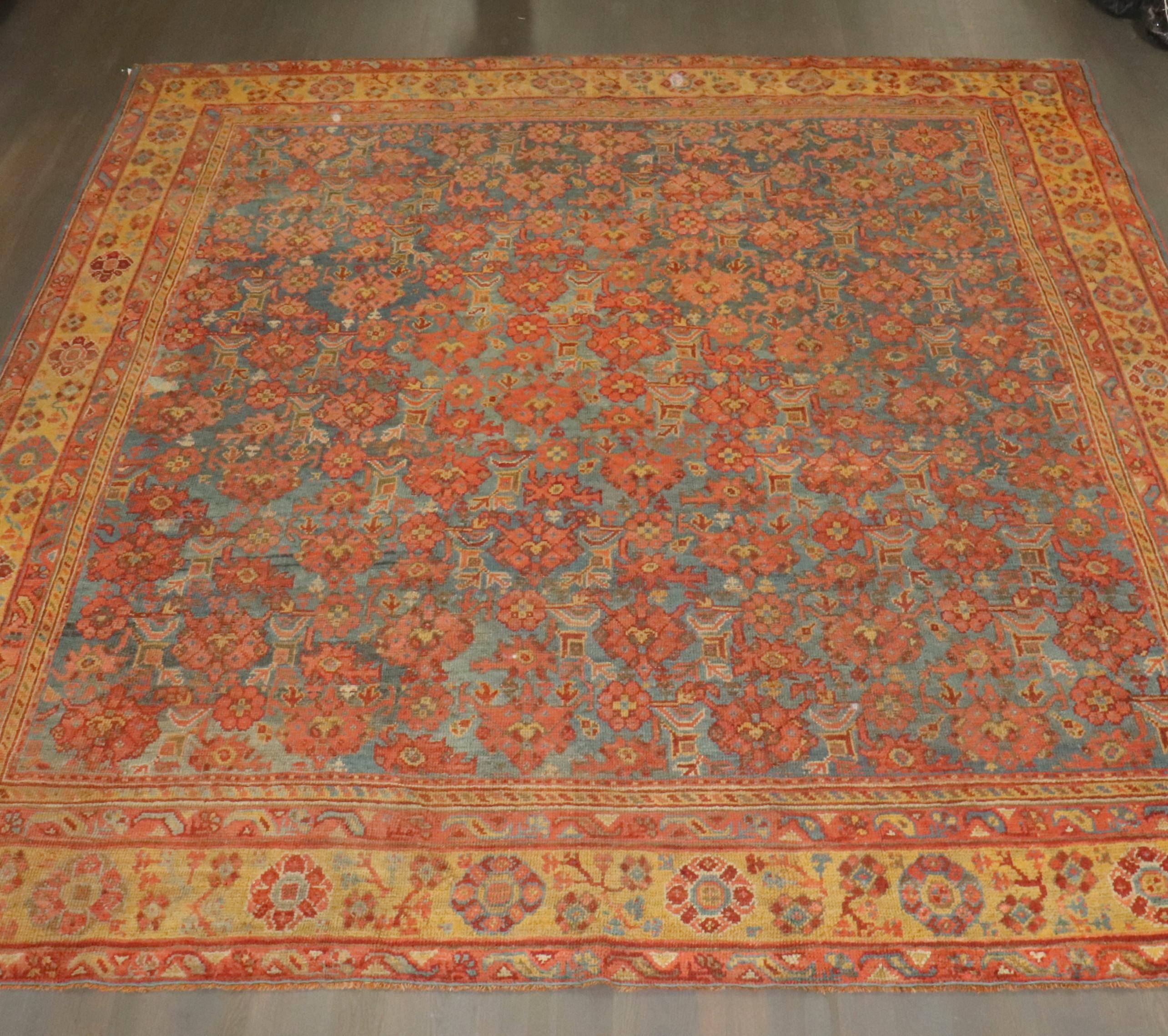 Zabihi Collection Colorful Square Antique Turkish Oushak Rug For Sale 6