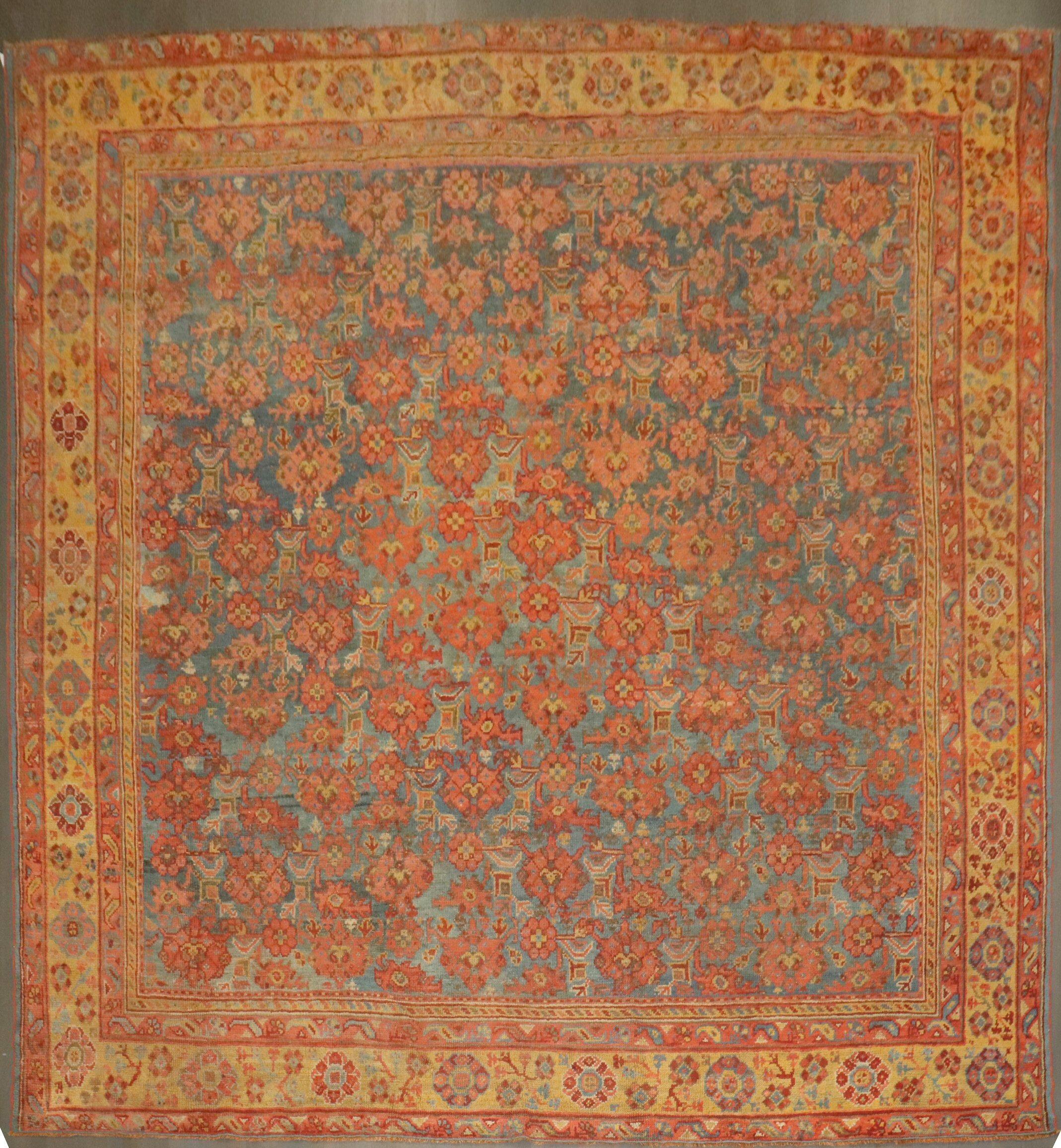 an early 20th Century Turkish Oushak Square Rug

Details
rug no.	j4145
size	12' 5
