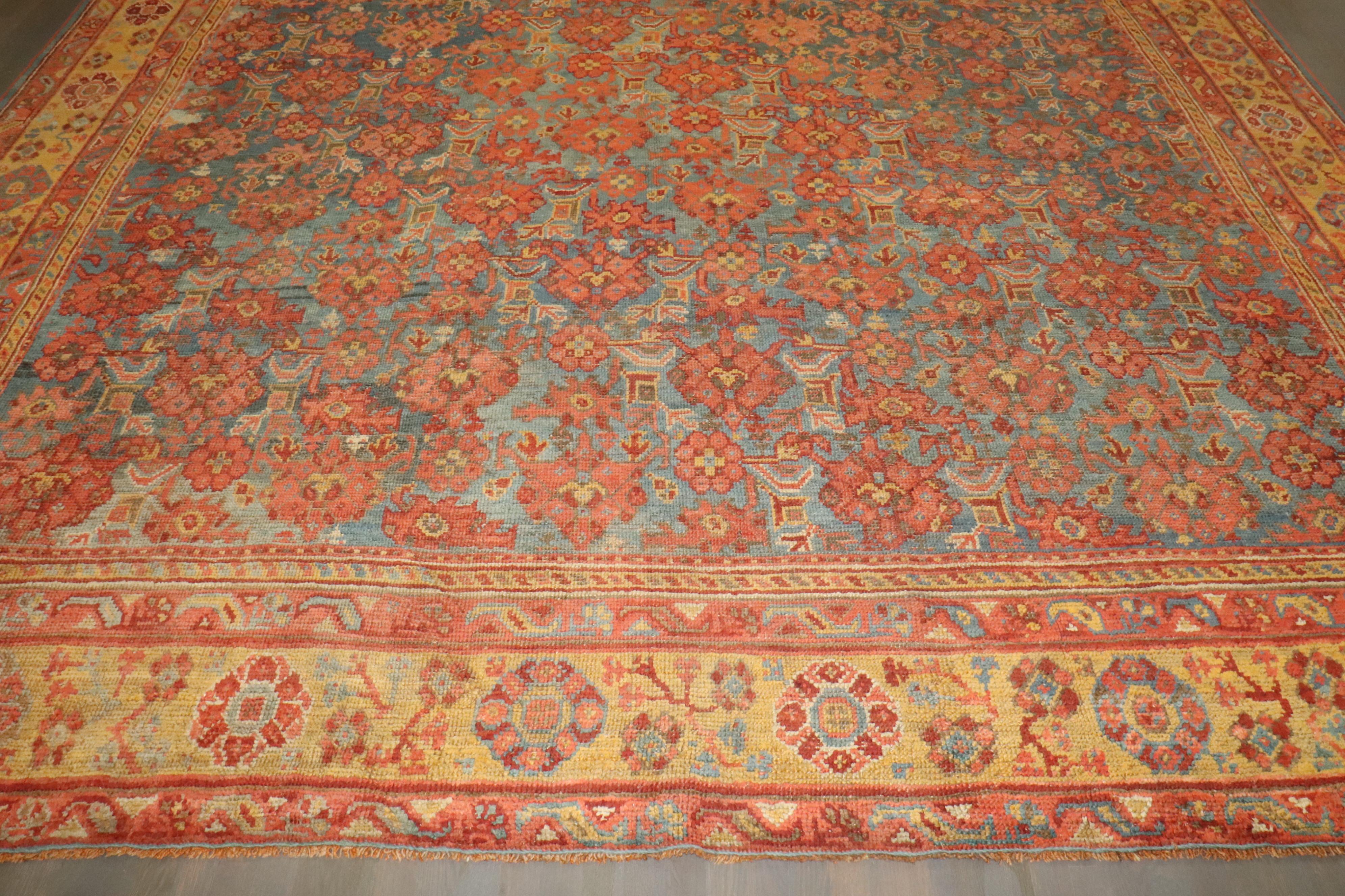 Zabihi Collection Colorful Square Antique Turkish Oushak Rug For Sale 1