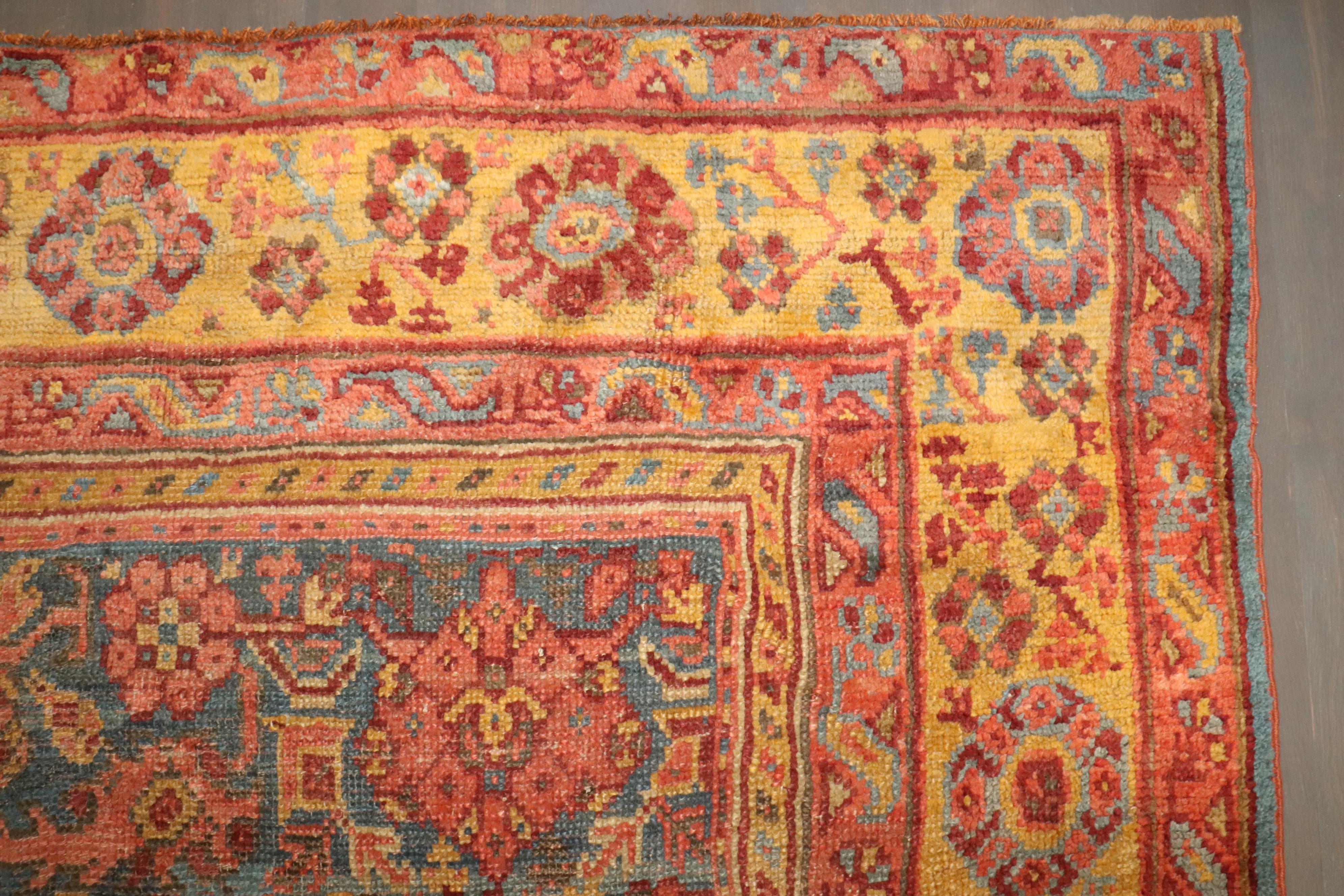 Zabihi Collection Colorful Square Antique Turkish Oushak Rug For Sale 2